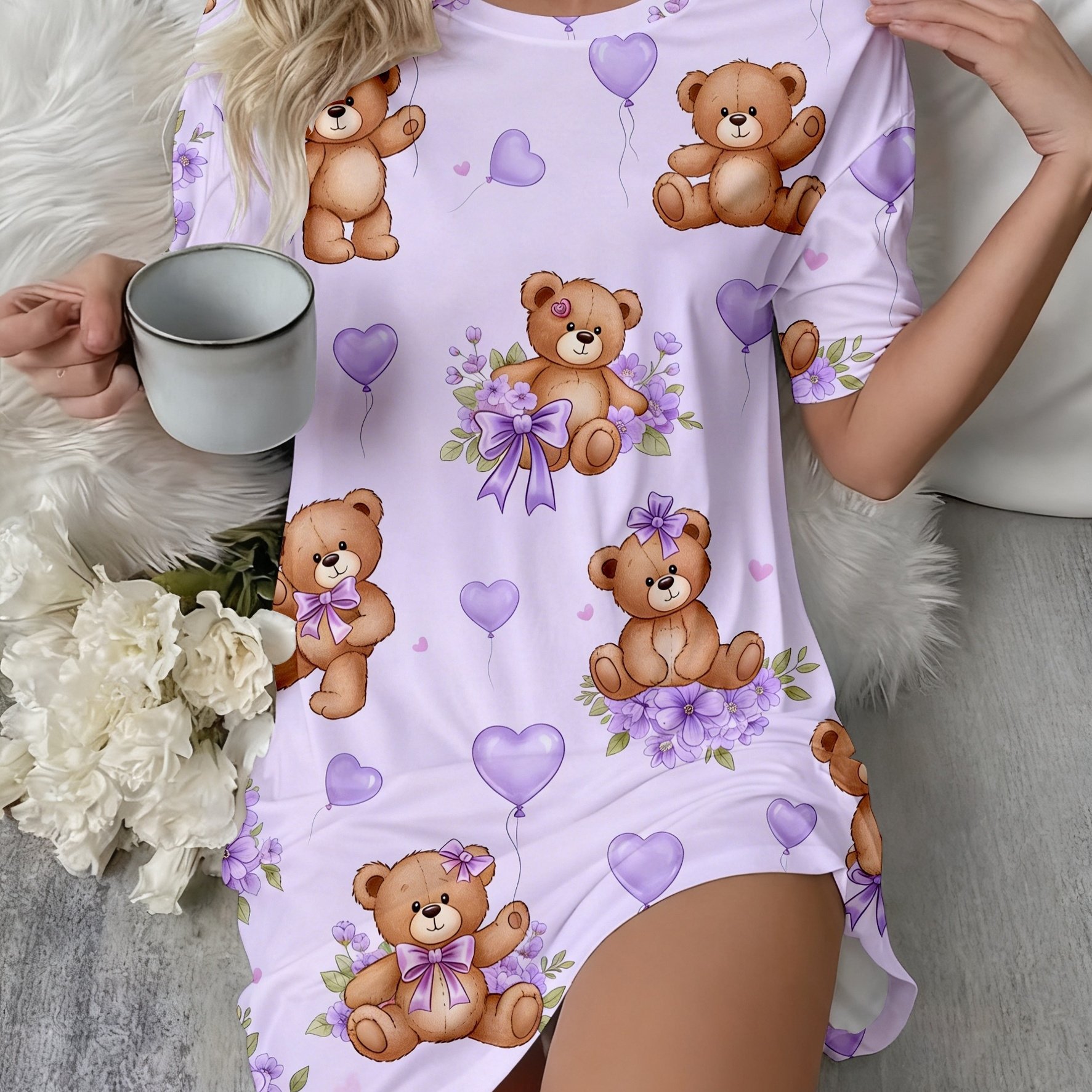 TEMU Printed Design - No Texture: Women's Hugging Bear And Flower Print Comfortable Round Neck Short Sleeve Nightgown, Women's Short Sleeve T-shirt