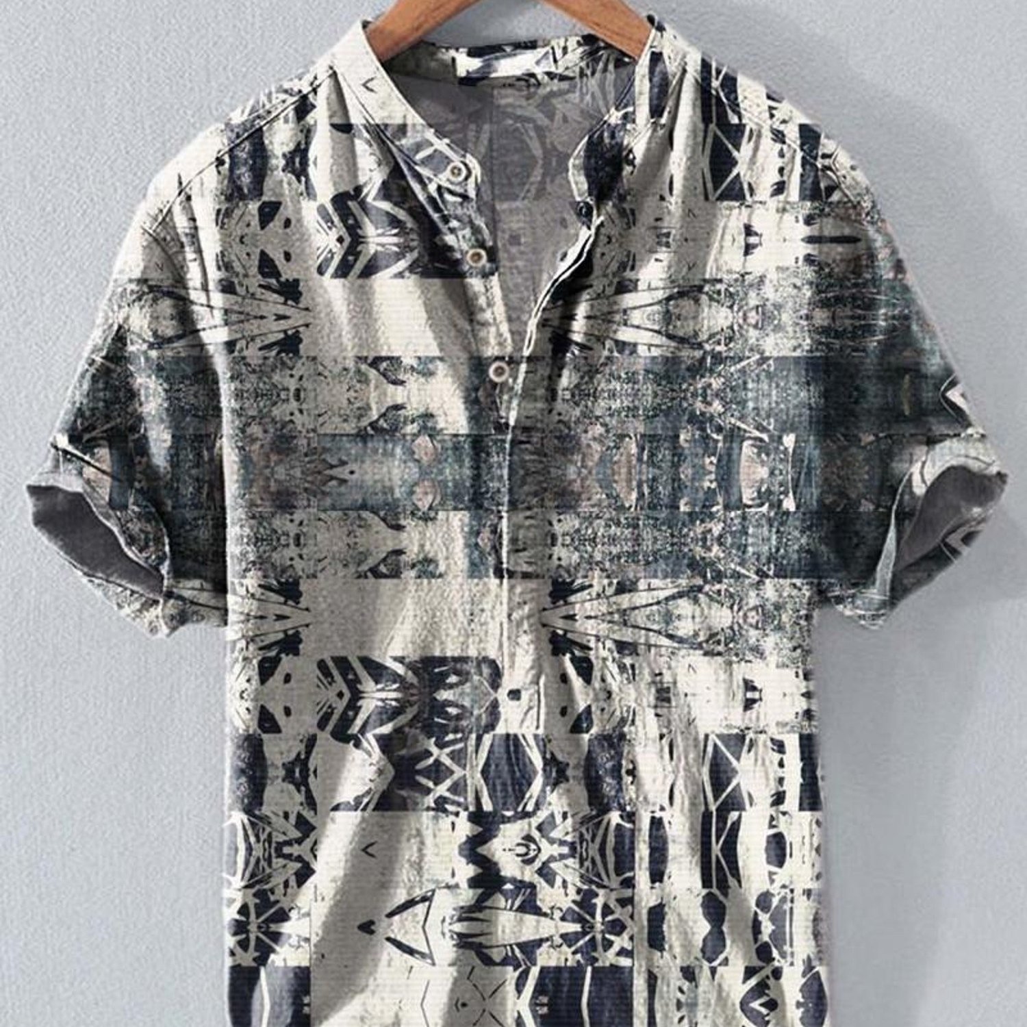 Image of Men's Fashion Shirt, Mixed Color, Multiple Specs, Short-sleeved , Abstract Tribal Geometric Pattern, Vintage Gray Black White, Rolled-up Cuffs, Casual Stylish, Hanging On , Light Gray Background