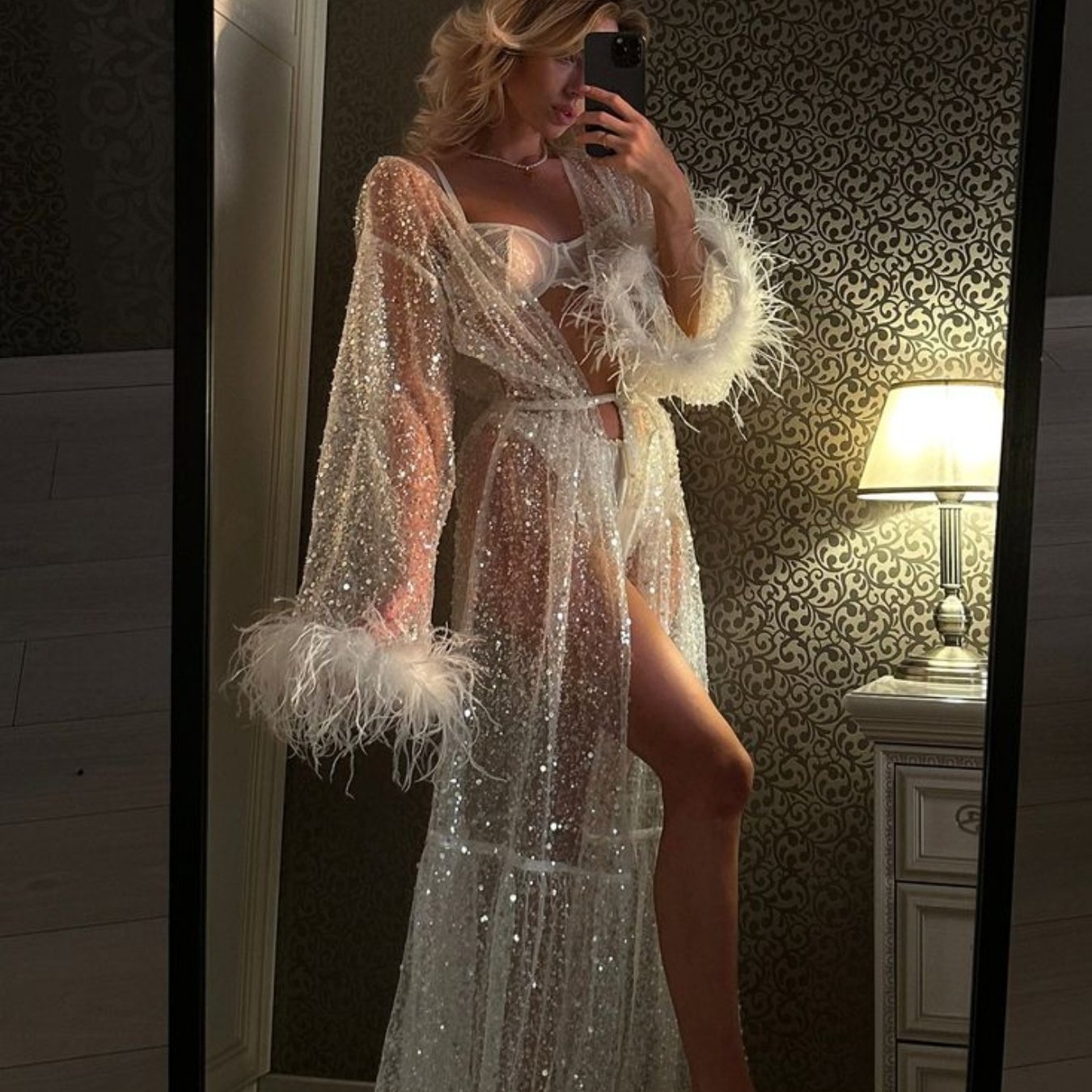Elegant Sequin Long Sleeve Women's Nightgown- V-neck, Puffy Cuff Details, Design, Perfect For Summer, Suitable For , Elegant Evening Wear| Sheer Sequin Dress| Glossy Texture