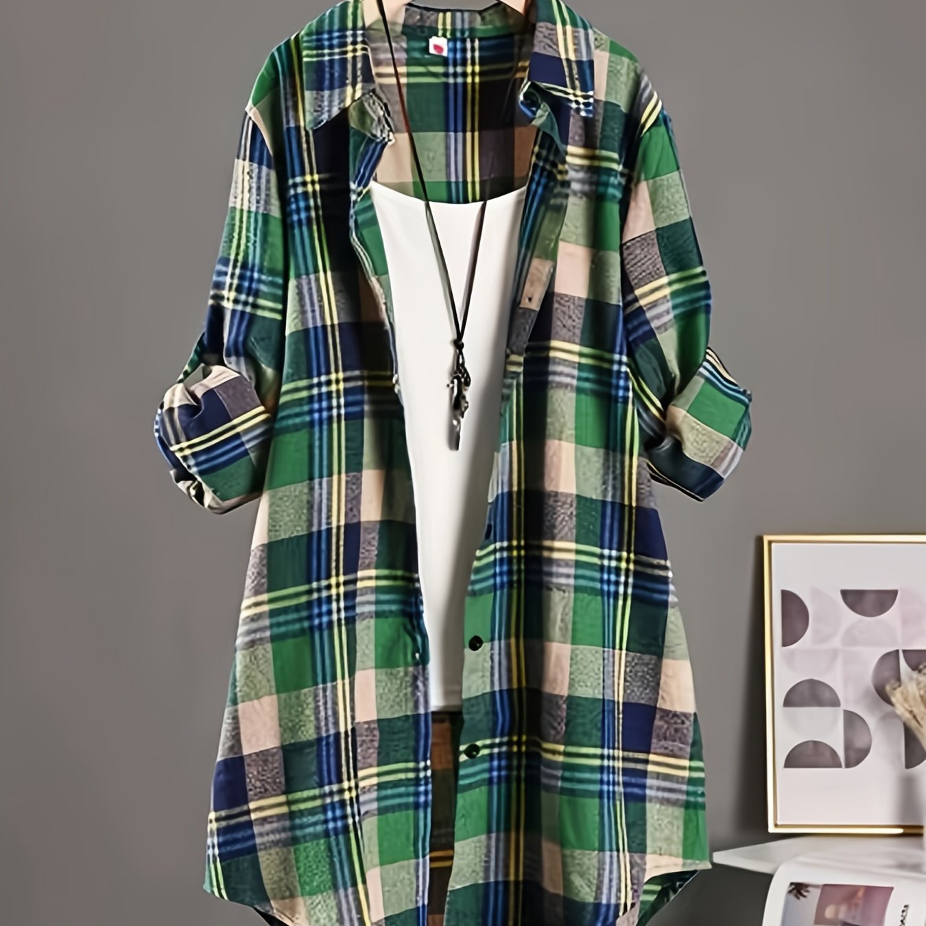 TEMU Grande Taille - Grande Taille - Grande Taille Chemise Longue à Carreaux Femmes, Style Coréen, Cardigan Décontracté Ample et Polyvalent