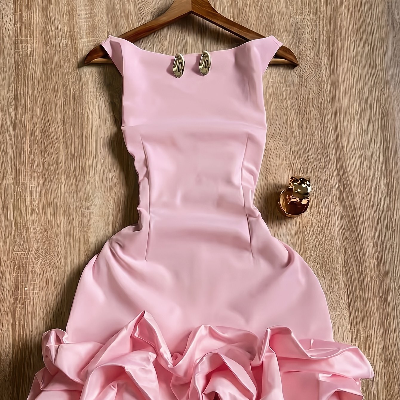 TEMU Women's Pink -line Mini Dress With Backless Hollowed-out Vest & Puffy Bubble - Machine Washable Wedding, Beach Dress Suitable For Date Night,