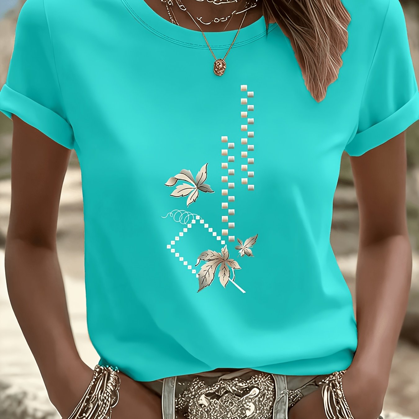 TEMU 3388# T-shirt élégant à manches courtes pour femme, tenue de stylée, d'été, voyage, , cadeau, vacances, carré feuille de