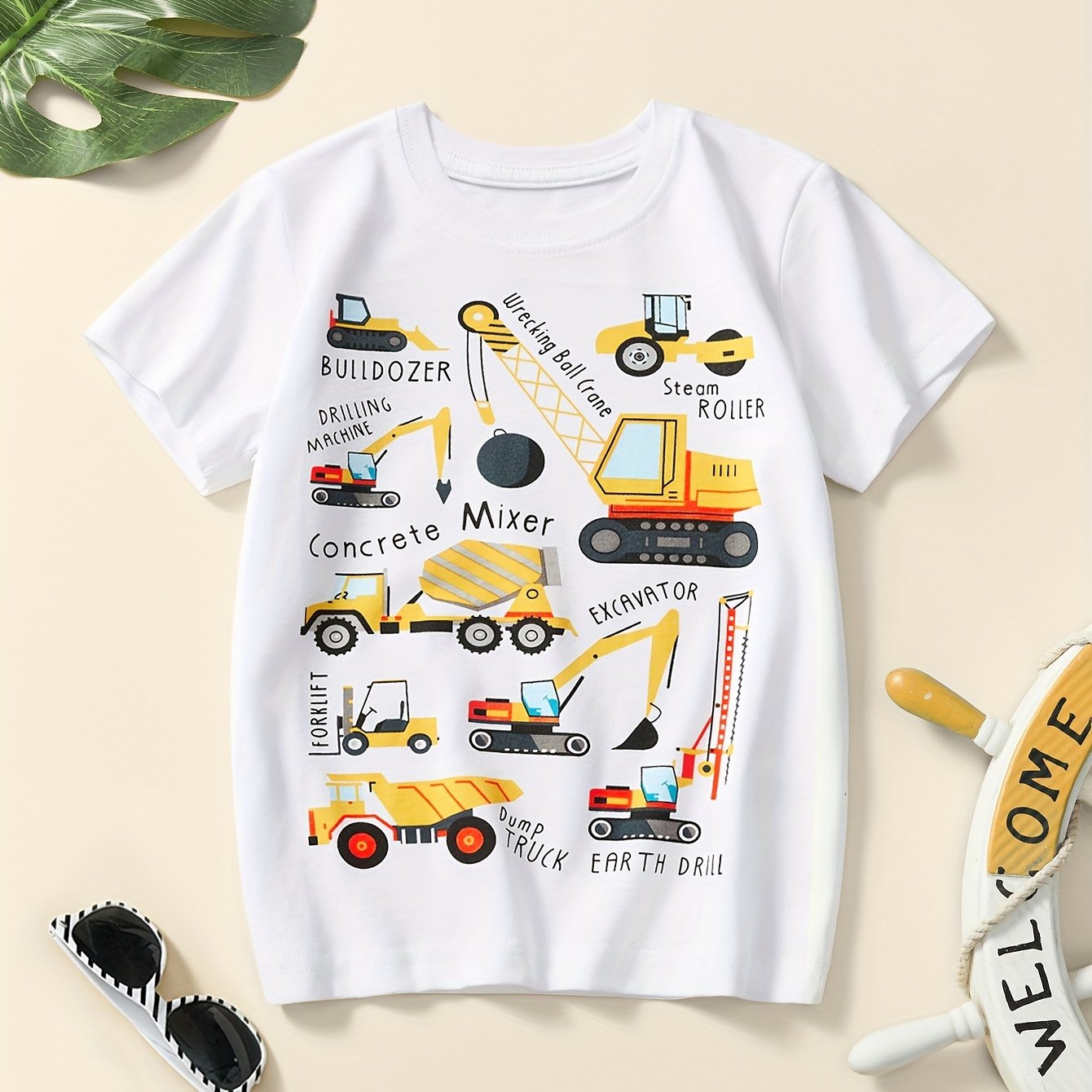 Boys' Pure Cotton Short-sleeve T-shirt With Cartoon Excavator Print, Summer Breathable Trendy Style