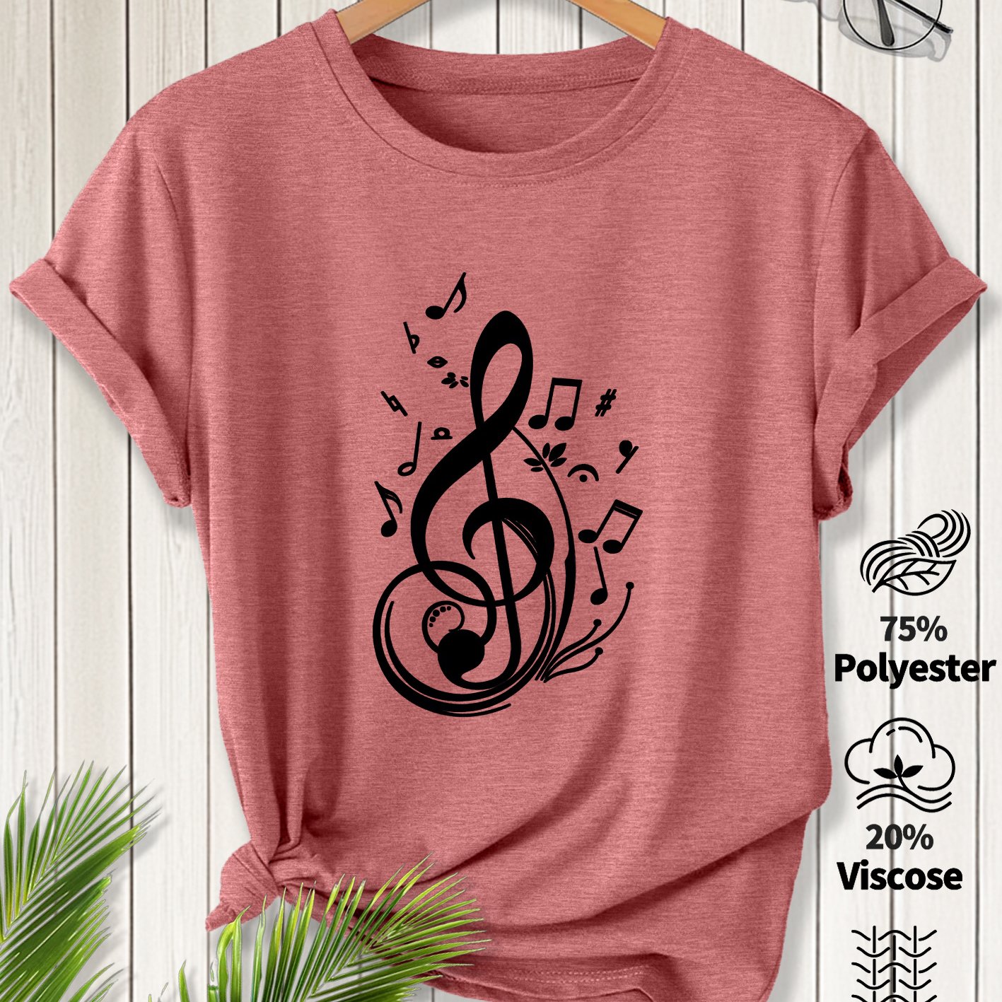 TEMU Women's Plus Size Treble Clef Musical Note T-shirt - Short Sleeve Round Neck Blouse-compatible Top | Suitable For Commuting, Vacation & Daily