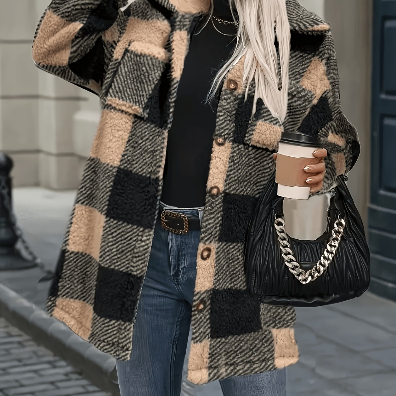 TEMU Plus Size, /winter 2026 Collection: Print Plus-size Winter, Women's Elegant , Lapel Mid-length Teddy Bear Jacket With Pockets And Cuffs,