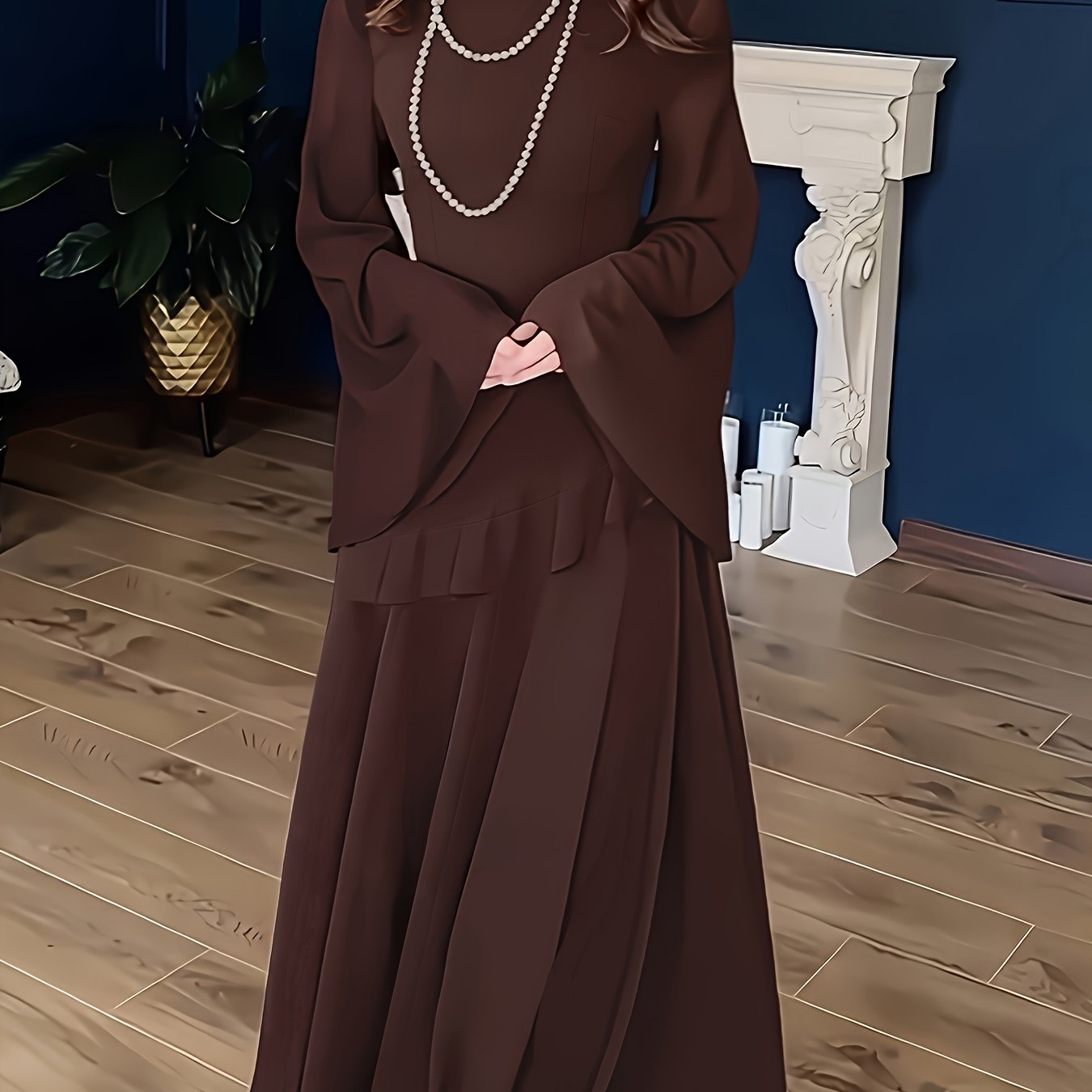 E-shop [Ramadan] Frühlings-Sommer-Herbst Neues, weiches, elegantes Rüschen-Temperament-Trompeten-Kleid mit langen Ärmeln [LL168]