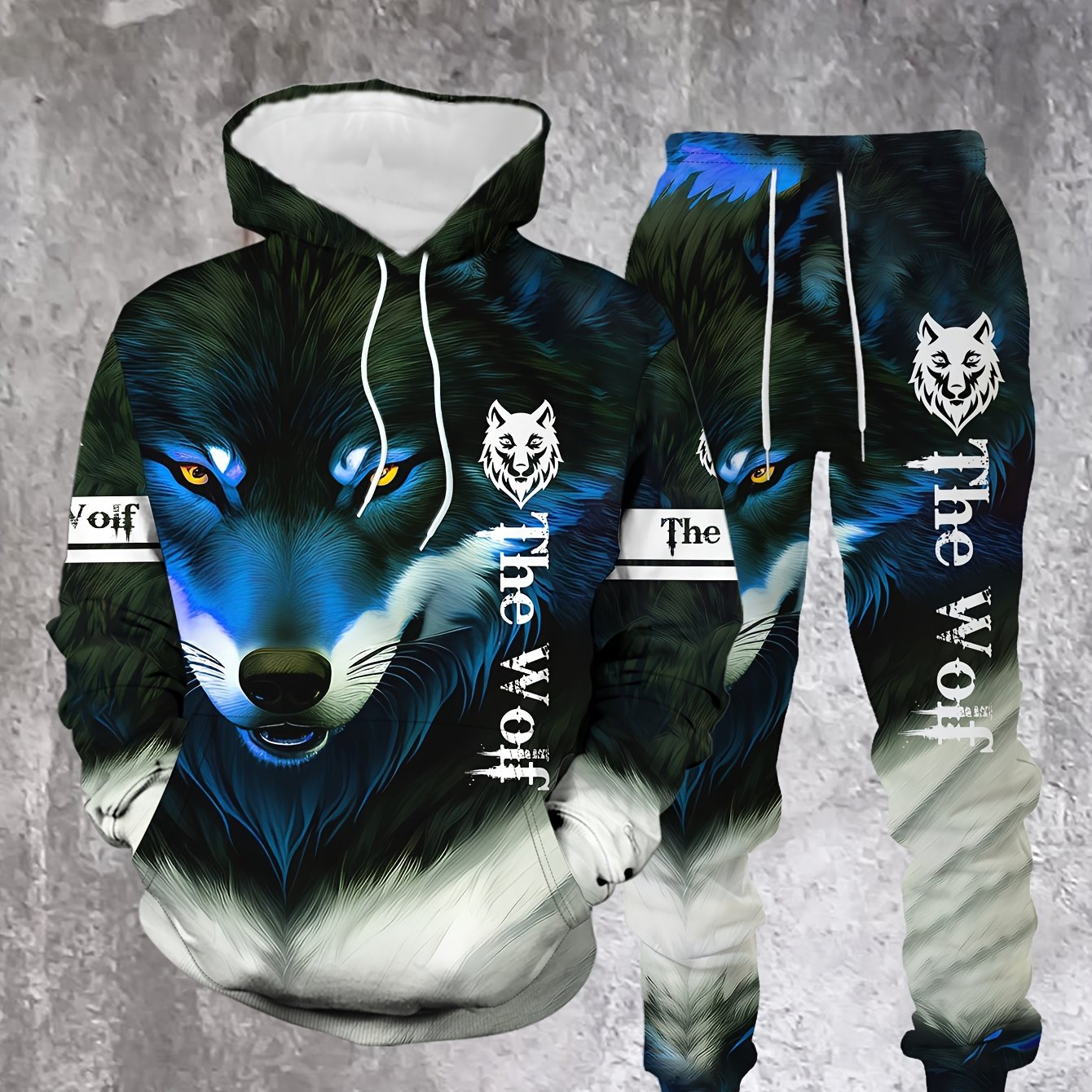 Image of Red Dominant Wolf Pattern Personality Fashion Comfortable Men's Spring/autumn Long Sleeve Casual Sweatshirt Set