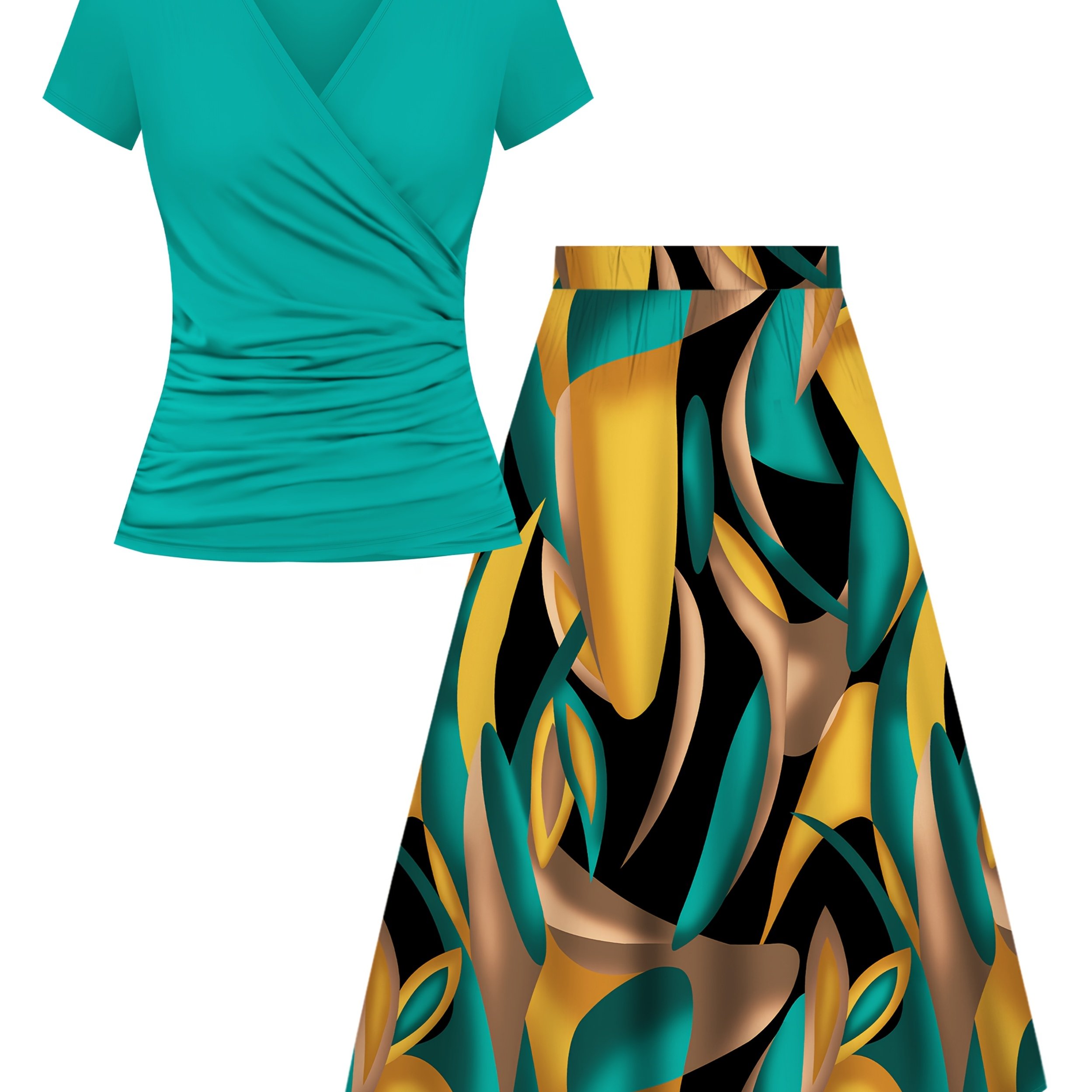 TEMU Two-piece Set Featuring A Solid Color V-neck Short-sleeve Top And A Geometric Print Skirt, Designed For Women