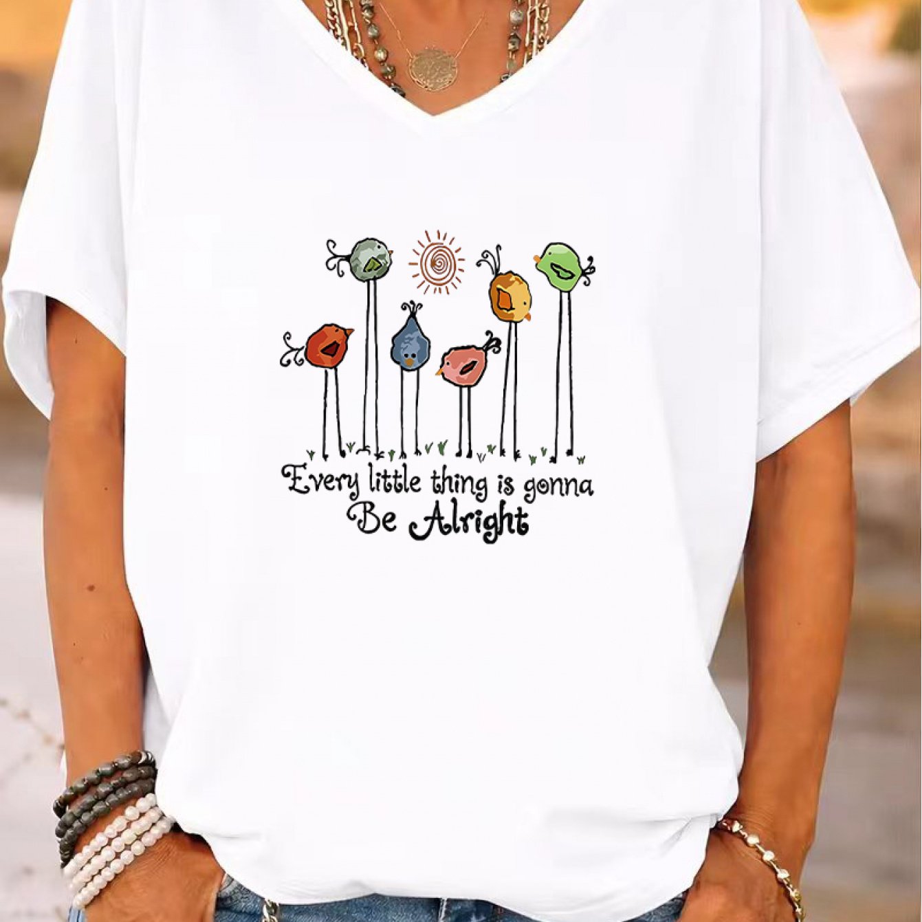 TEMU Plus Size Women's V-neck Loose Short Sleeve T-shirt, Little Thing Is Gonna Be Long Leg Birds Inspirational Red Graphic Tee