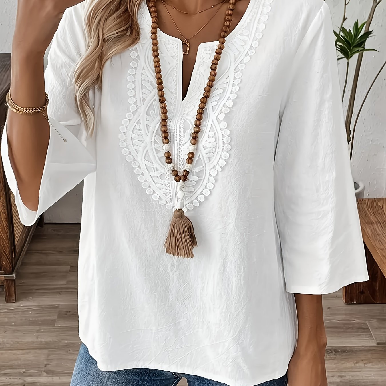 New Women's V-neck Lace Trim Blouse, Half-sleeve Comfortable And Casual Vintage Clothing