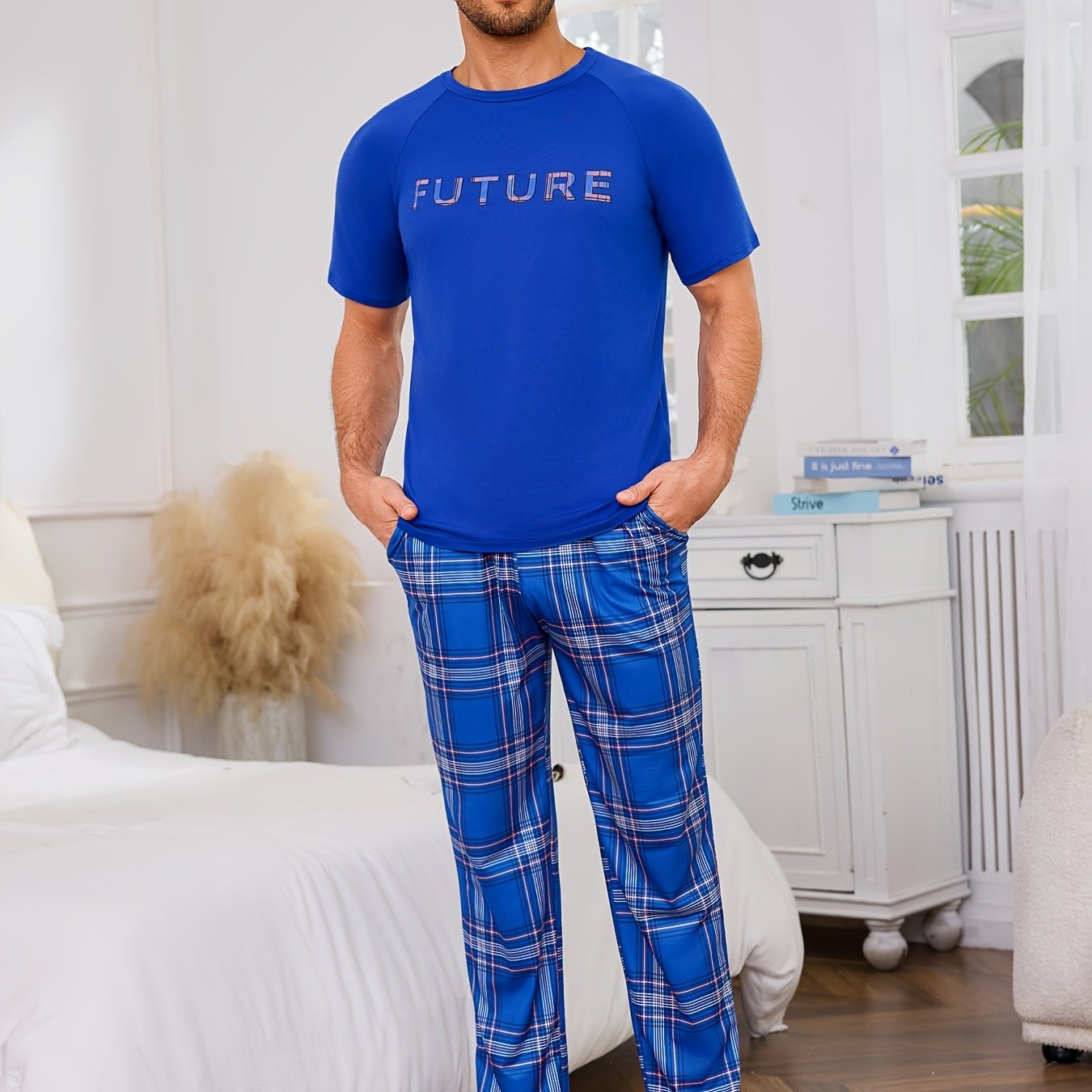 Wearable - Men's Crew Neck Sleeve Sleep Set, Double Pocket Long Pants Pajama Set, Print Design, Casual Men's Short Sleeve Pajama Set, Includes 1 Short Sleeve Top And Of Long Pants, Men's Loungewear
