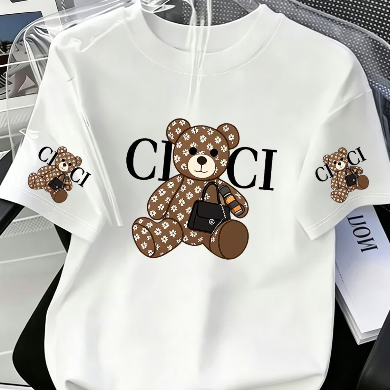 TEMU Light Old Flower Little Bear Print Short-sleeved T-shirt, Same Little Bear   Ci Ci Letter Design On And Sleeves, Breathable Round Neck Top In