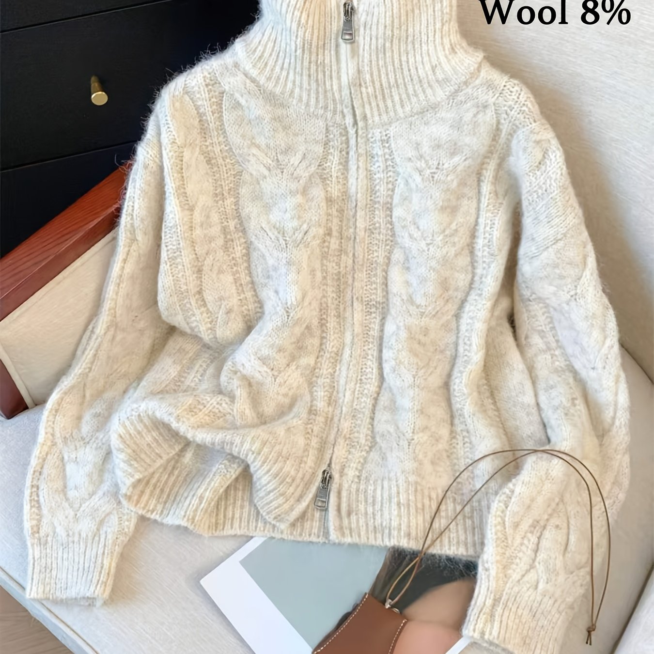 Vintage High-neck Casual Cable Double-ended Zipper Cardigan Sweater, Relaxed Style With , Cropped Cardigan Jacket, Autumn/, Versatile Commuter Women's Sweater Jacket