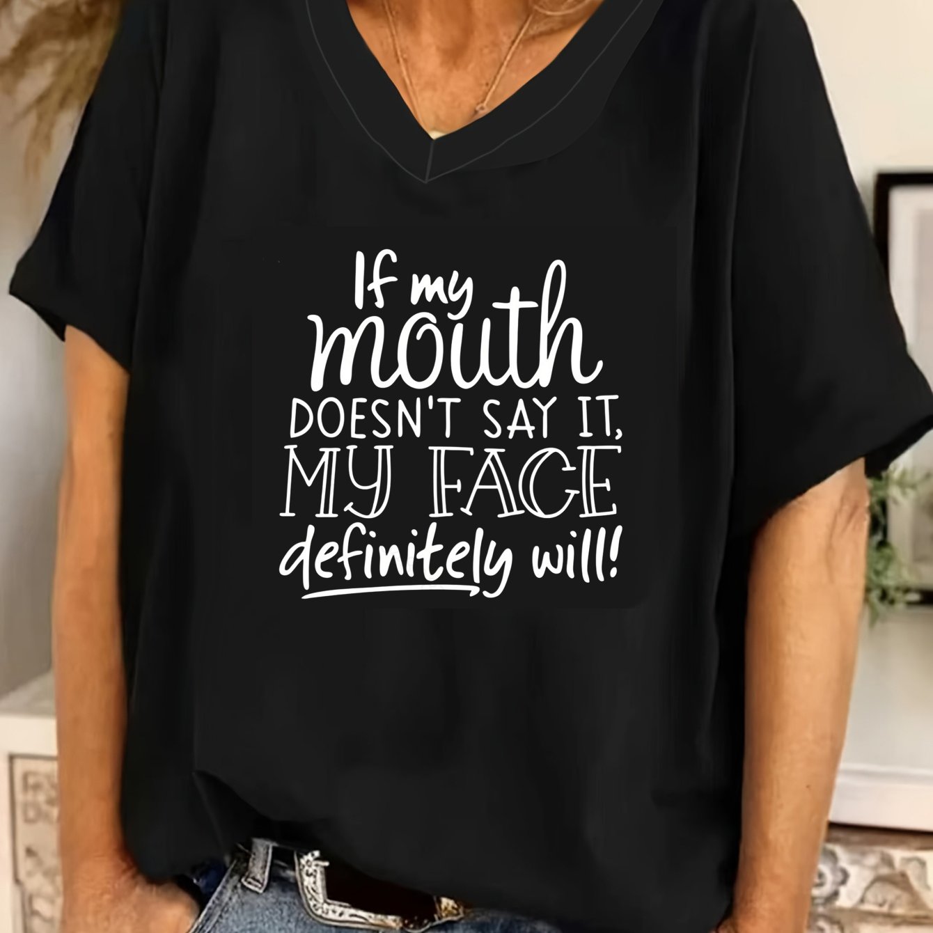 TEMU Plus Size, If Will Sassy Attitude Quote Print Women Black V-neck Loose Tee