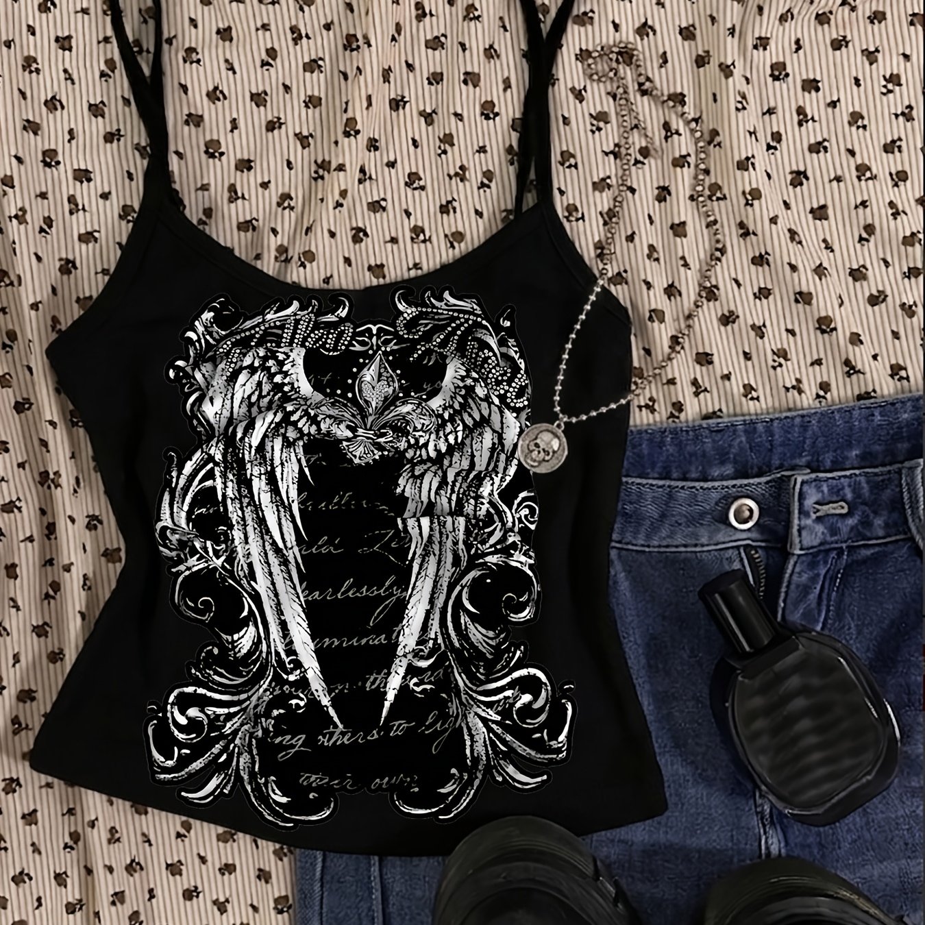 TEMU Sweet Vintage Wing Baroque Pattern Print Short Cami Top, Summer Spicy Niche Sleeveless Blouse