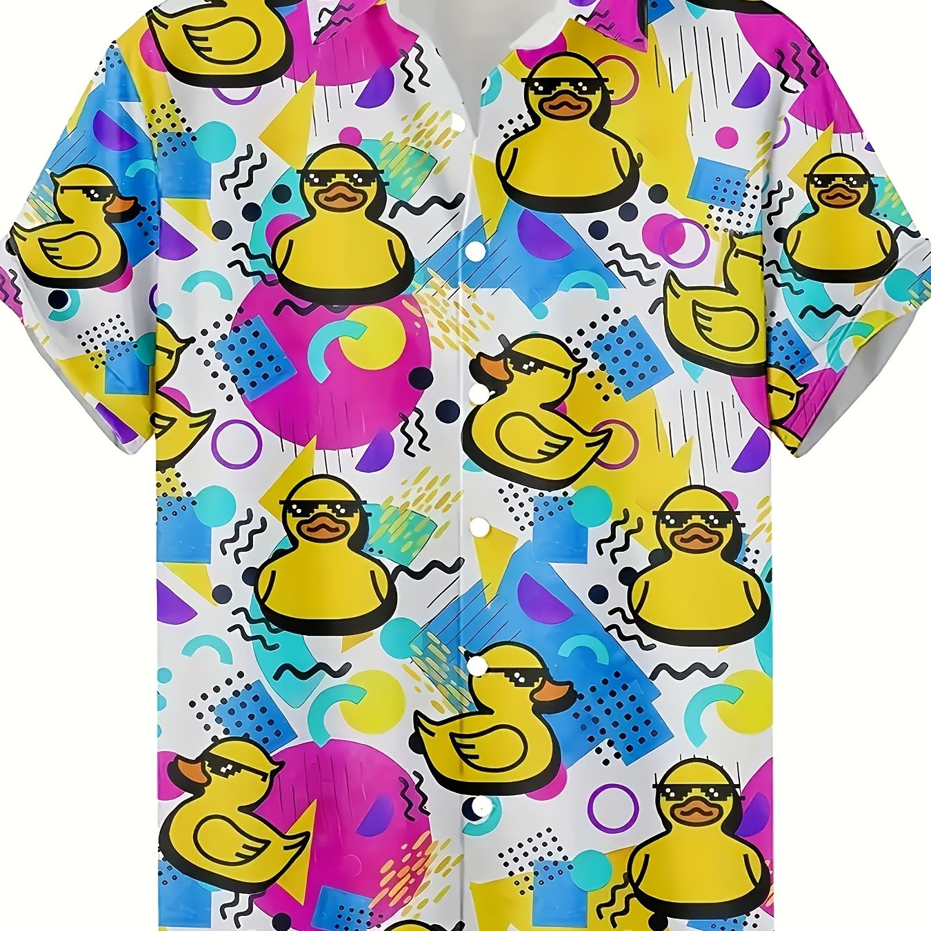TEMU Men's Colorful Vintage Cartoon Duck Pattern Short Sleeve Button-up Shirt - Full Hawaiian Design, , Material, Ideal For Summer , Everyday Casual