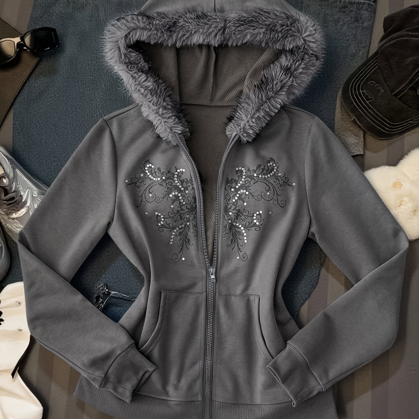 Image of Y2k Baddie, Gray Patterned Hoodie With A Trimmed Hood, Featuring Fluffy Decorative Pockets And Detailing, Perfect For , Back-to- Season, And Classrooms