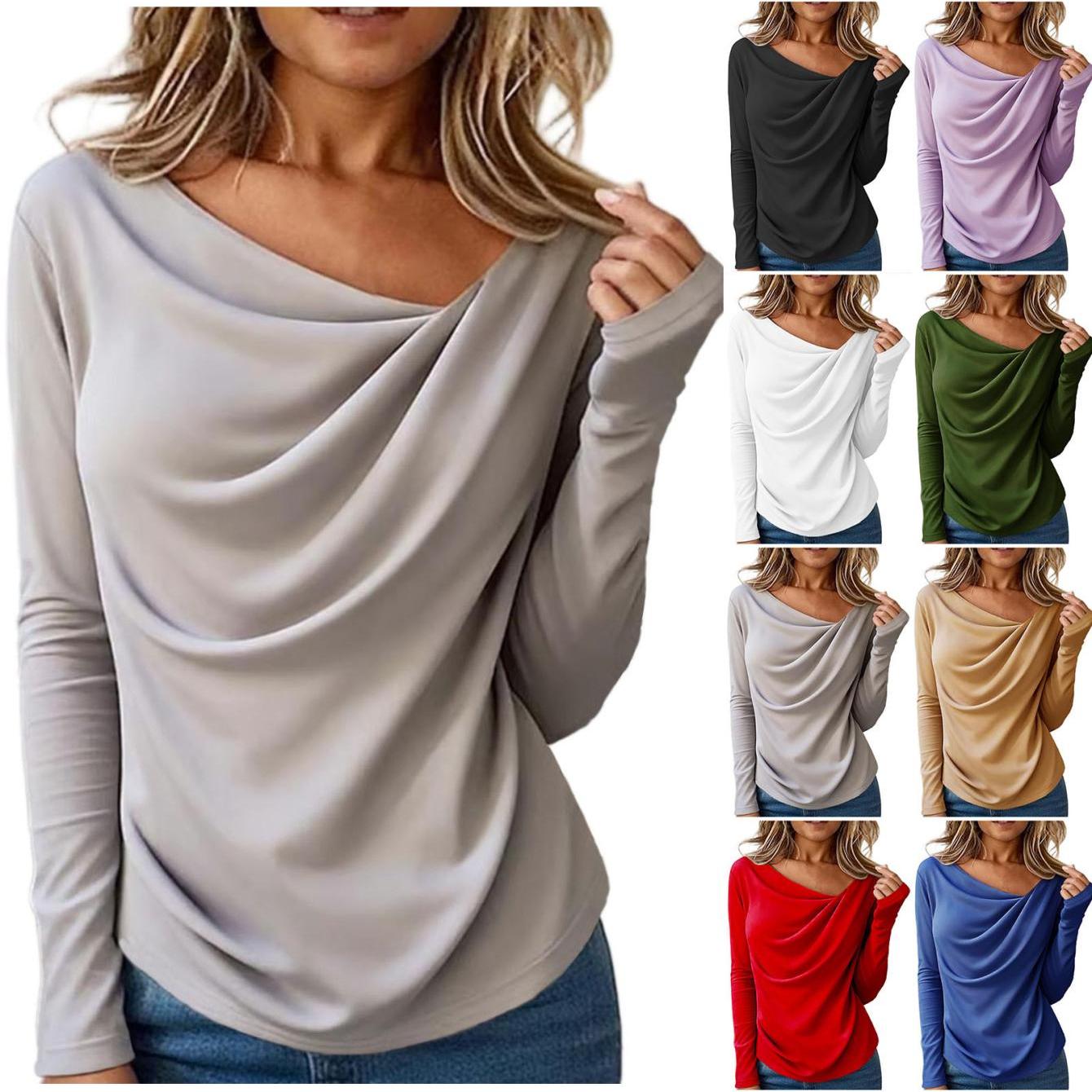 Image of Women's Summer 2026 Fashionable Casual Solid Color Pleated Long Sleeve Round-neck Pullover Tops, Elegant Lightweight Soft Comfortable T-shirt Suitable For Dating And Daily Casual