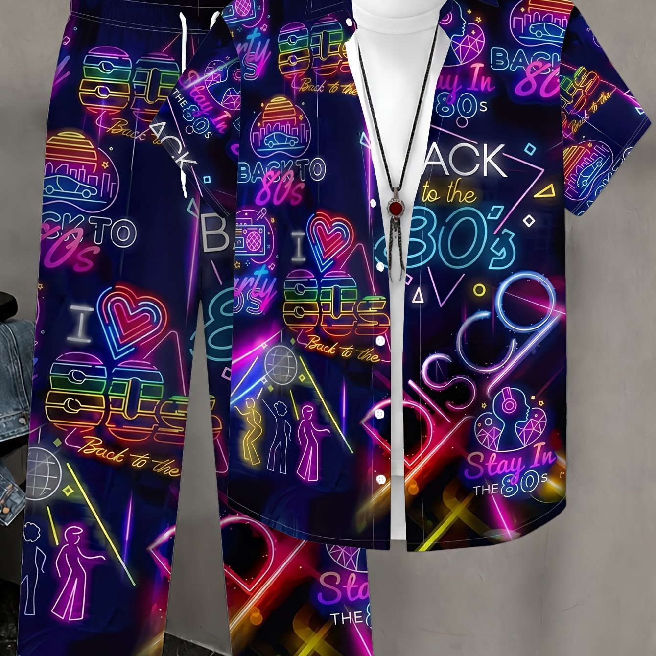 TEMU Men's Casual Fashion Short-sleeve Shirt And Long Pants Set, 80s Theme Party Neon Decor Pattern, Casual Wear, Casual Outdoor, All-match Set