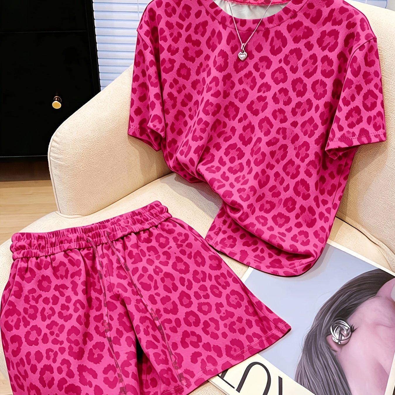 TEMU Y2k Women's Versatile Leopard Print Short-sleeve T-shirt And Drawstring Loose Shorts Set, Suitable For Summer Style Urban Vacation Outfits, ,