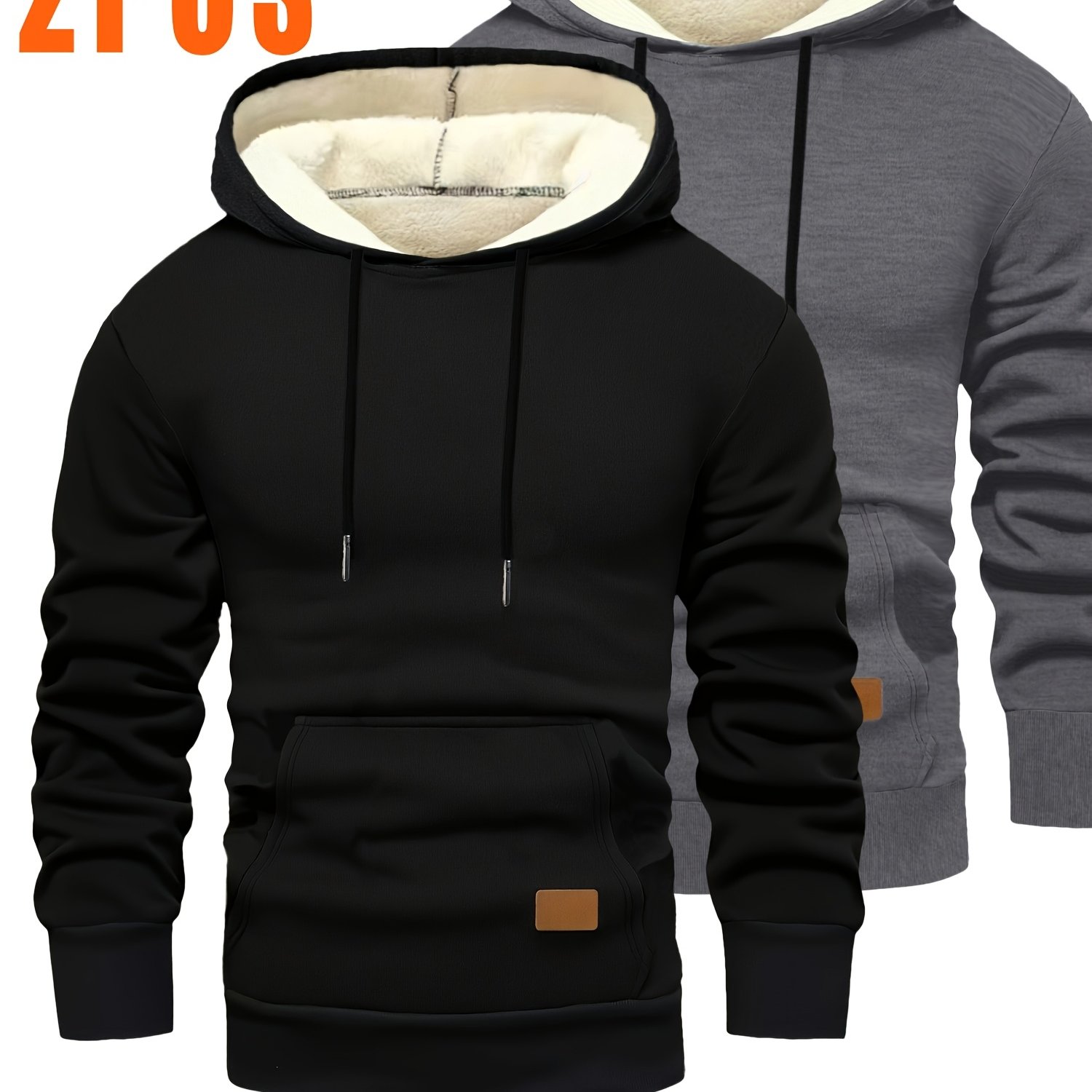 Image of 2pcs Men's Cozy Warm Lamb Fleece-lined Hooded Sweatshirts - Thick Winter Pullover With Kangaroo Pocket, Machine Washable, Fall/winter Must-have