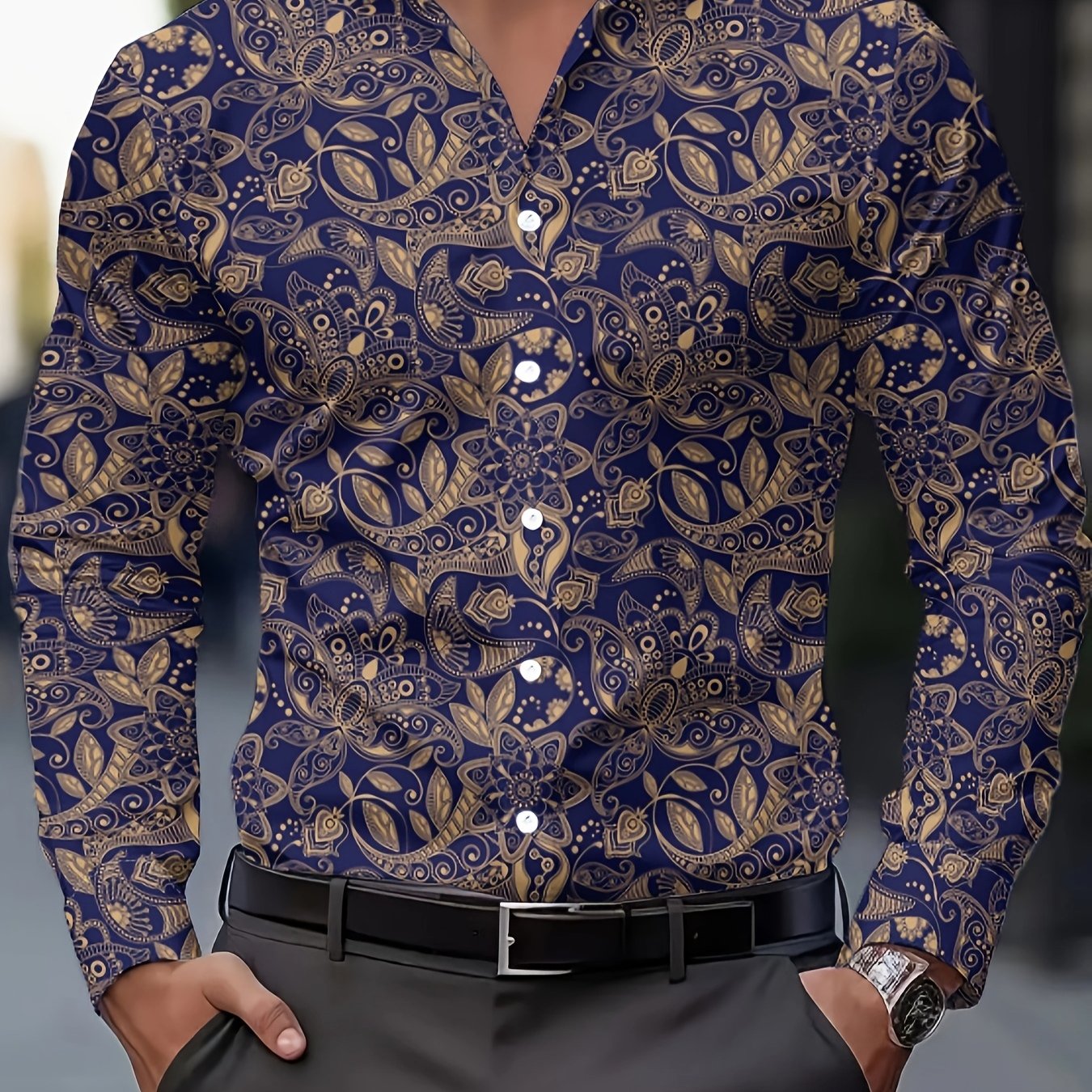 TEMU Men's Fashion Print Shirt, Spring/autumn Casual Breathable Turn- Collar Button-up Long Sleeve Shirt