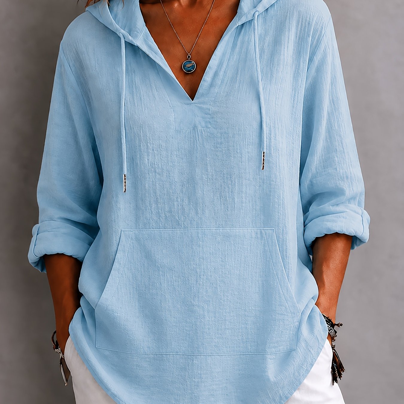 TEMU Plus Size - , New Stunning Elegant Directional Pocket Hooded Long Sleeve Versatile Women's Plus Size Shirt