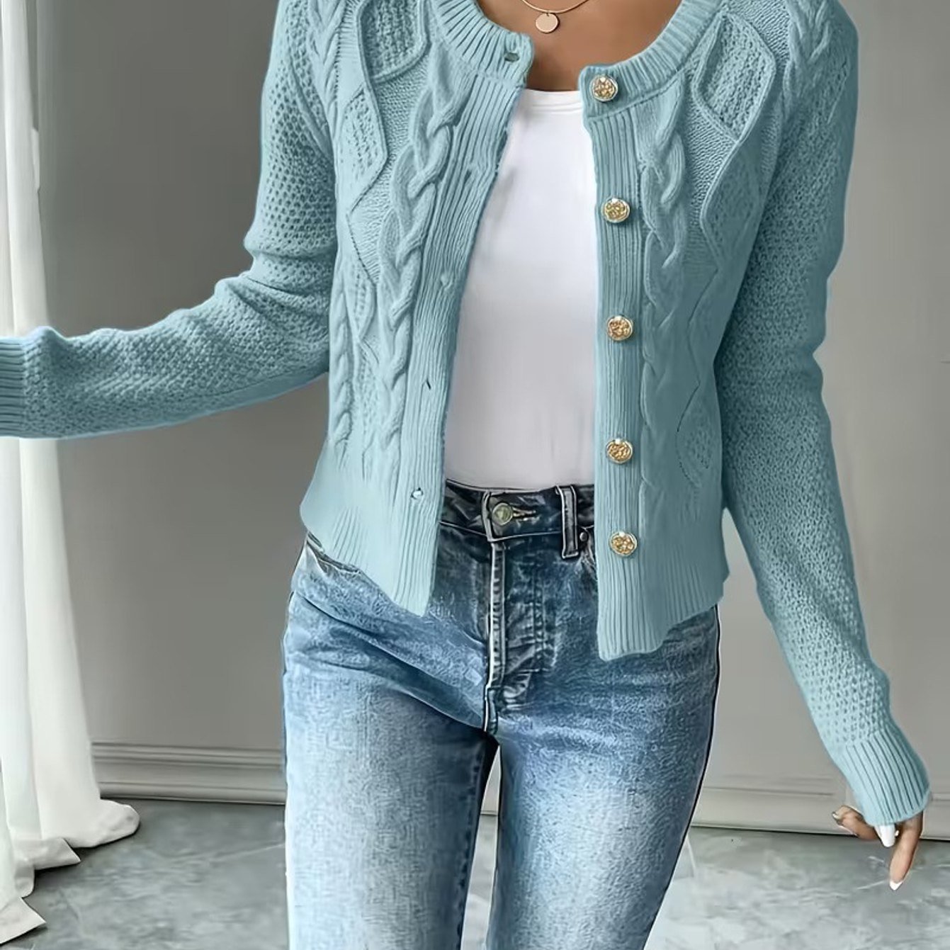 Women Solid Color Cardigan Cropped Button Front Long Sleeve Casual Outerwear