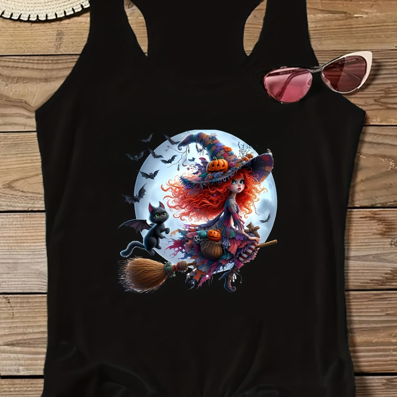 TEMU de para Mujer con Estampado de Escoba y de Halloween, Poliéster Elástico Cuello Ropa Casual Lavable en Máquina
