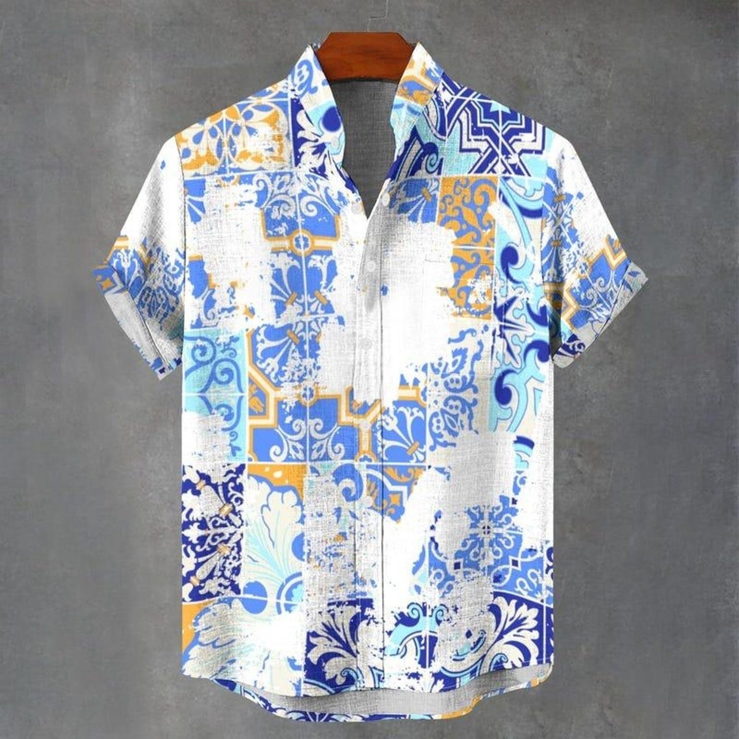 Image of Men's Collar Pocket Shirt, Digital Printed Floral Geometric Pattern, Polyester Fabric, Multiple Specifications , Mixed Color, Comfortable For Daily Casual Wear, Short-sleeved White-based Vibrant Shirt