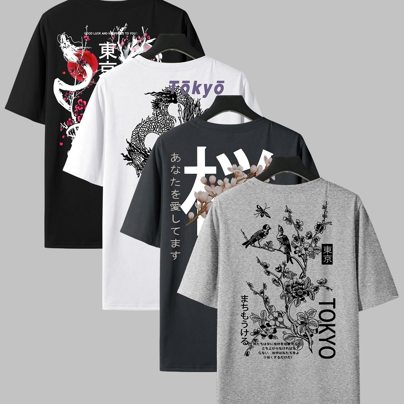 TEMU Ensemble de quatre t-shirts à manches courtes pour hommes avec imprimés graphiques et arrière de style japonais