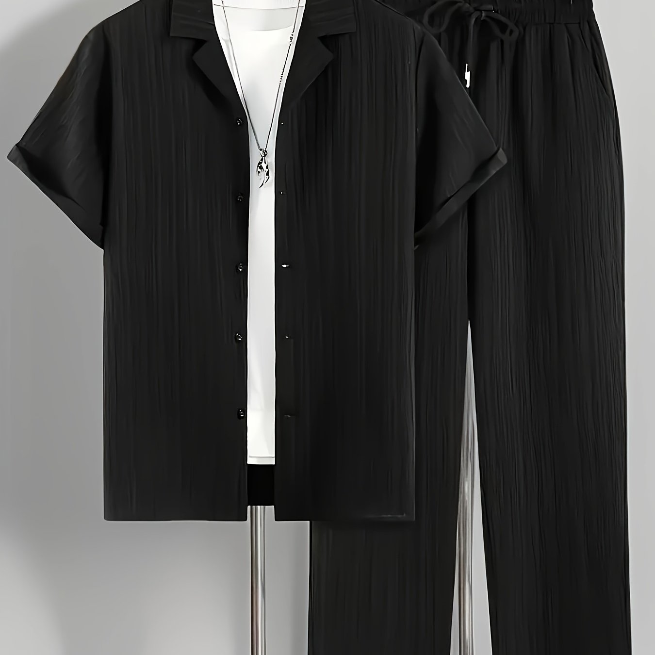TEMU Men's 2pcs Casual Set, Short Sleeved Button- Shirt Top, Drawstring Waist Pants, Suitable For Summer Casual Daily Wear