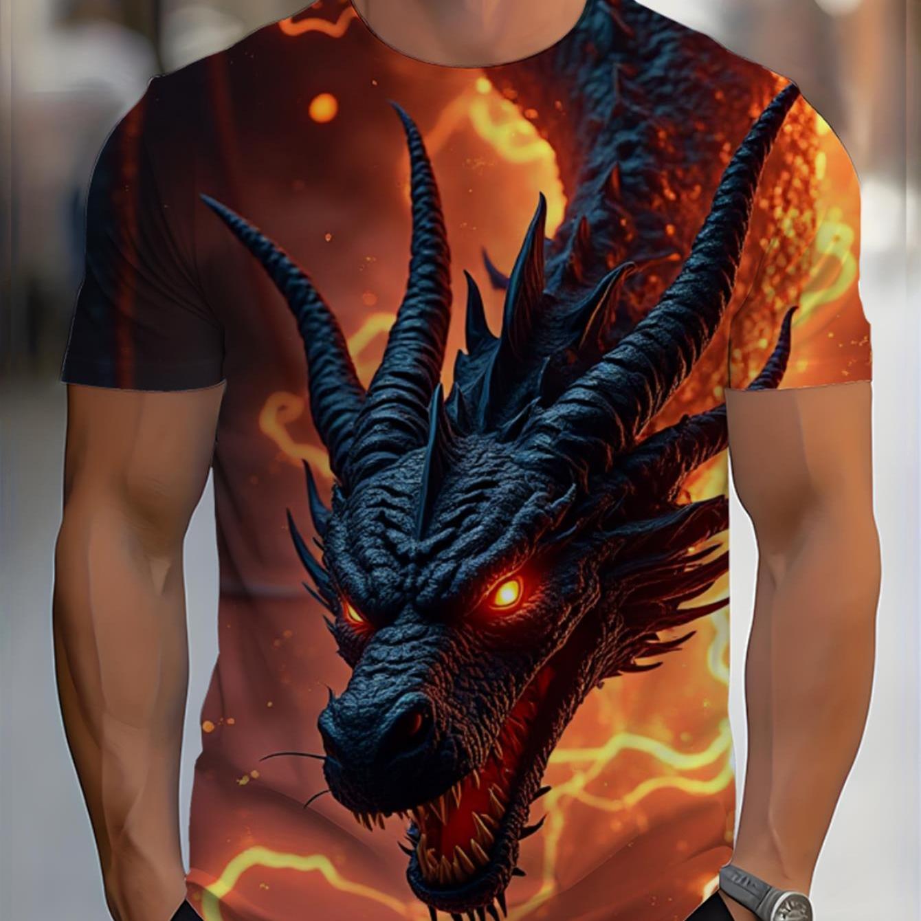 TEMU Men's Black Dragon 3d Print T-shirt - Creature Graphic Tee With Glowing Eyes, Casual Short Sleeve Round Neck Top For Fantasy Fans