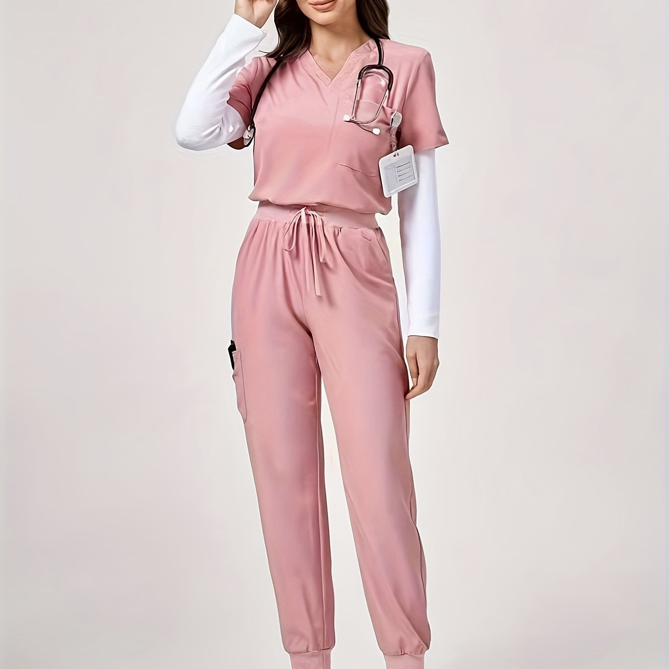 TEMU Ensemble blouse unie à col en V, manches courtes, poche et à devant, et pantalon à à l', uniforme de blouse de travail pour infirmière