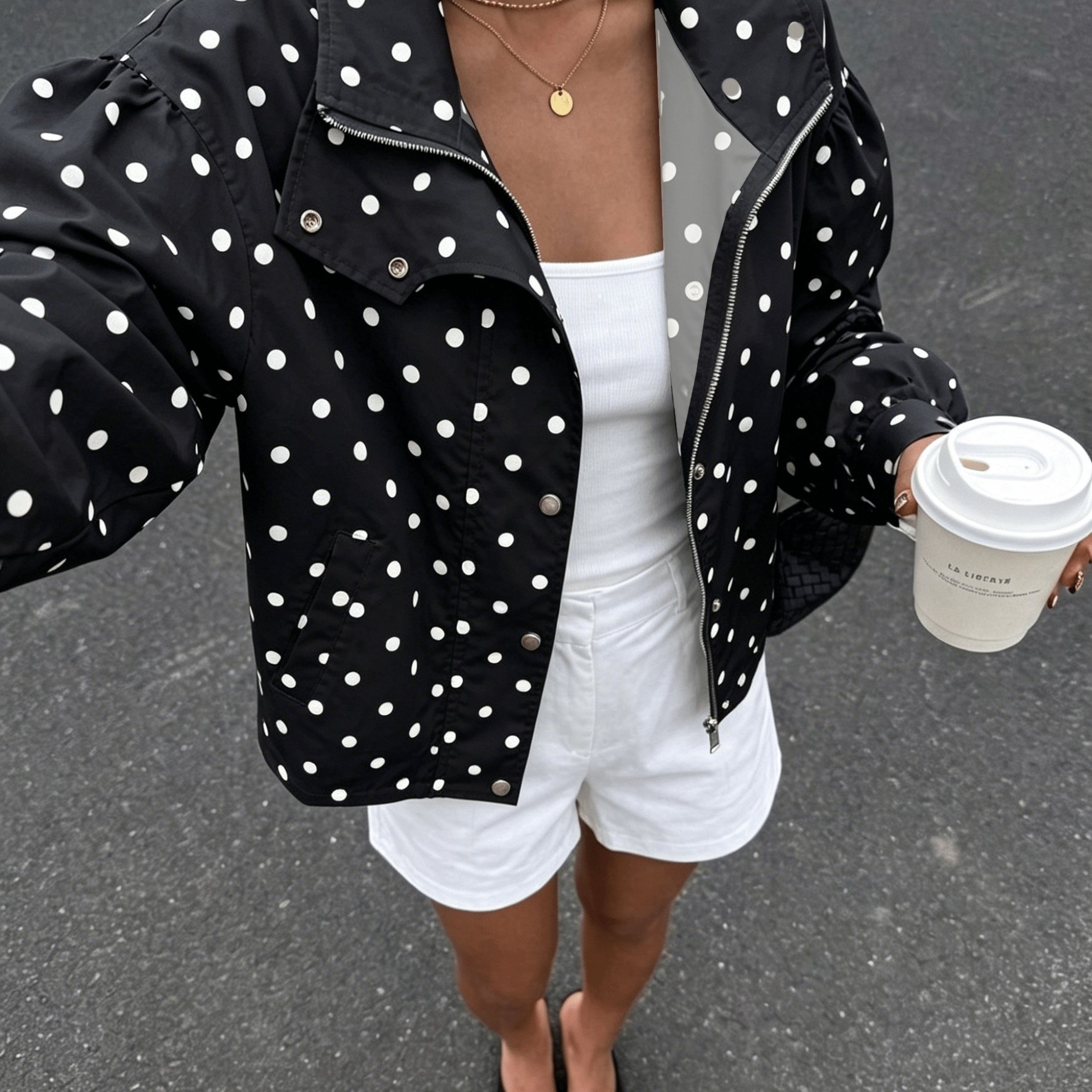 TEMU Spring New Polka Dot Jacket, Korean Gentle Style, Black Polka Dot Short Stand Collar Jacket, Loose Single-breasted Jacket, Commuter Versatile,