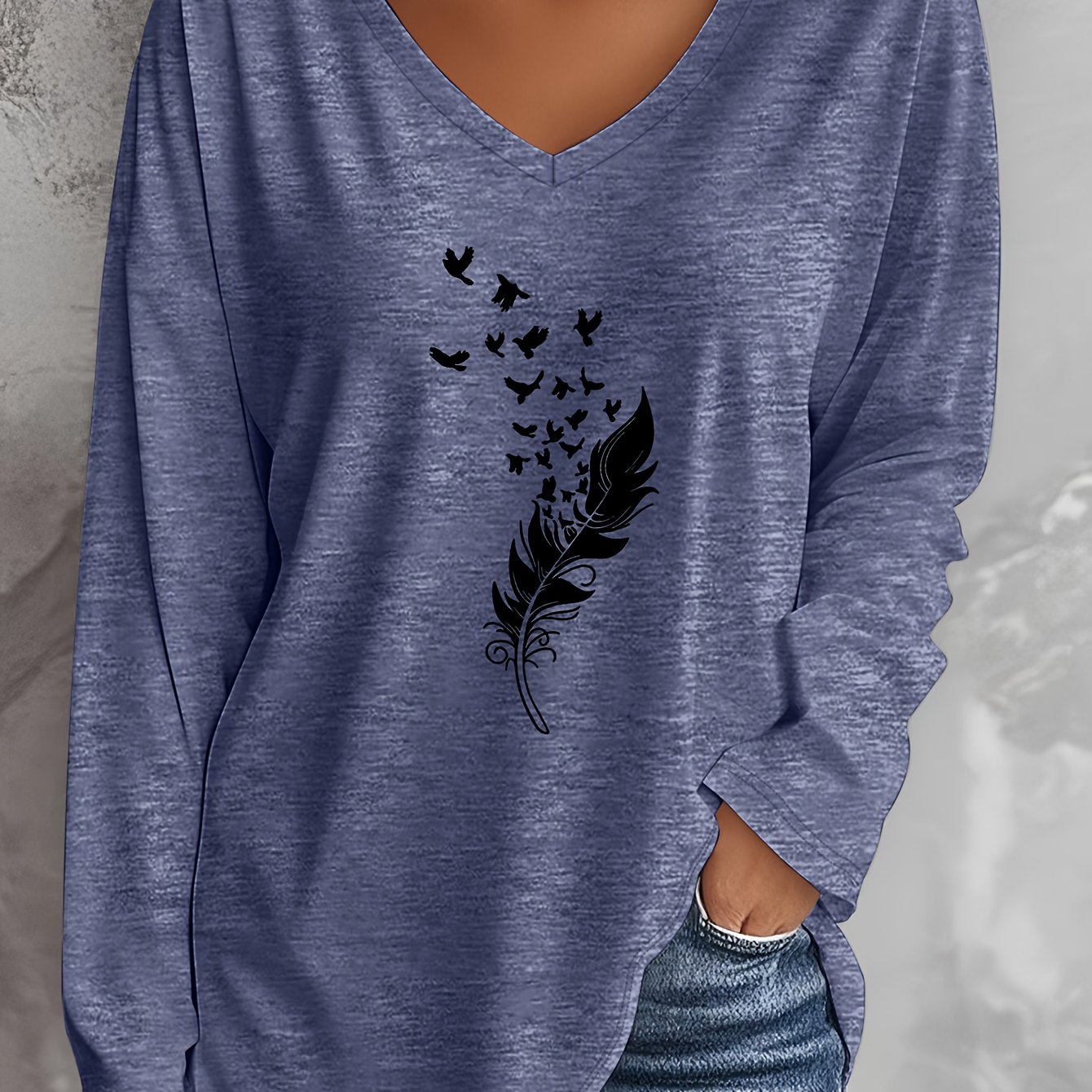 TEMU T-shirt décontracté grande taille pour femme, mode printemps/été, manches longues, col en V, avec imprimé "Falling", mélange /élasthanne - ,