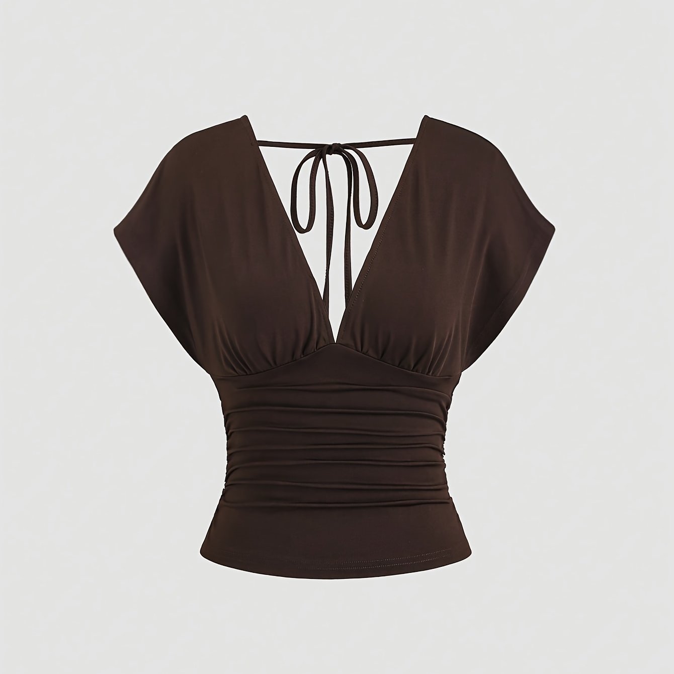 TEMU Solid Deep V-neck Ruched Waist Short Sleeve T-shirt