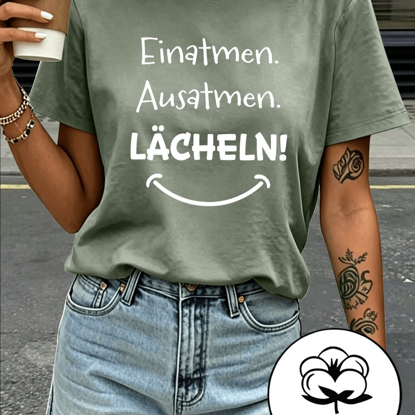 Image of Women's 100% Short Sleeve T-shirt, German "einatmen. Ausatmen. Lächeln!" Text With Print, Loose Version, Minimalist All-match Top, -friendly Breathable, Daily Multi-scene Wearing, Multiple Colors