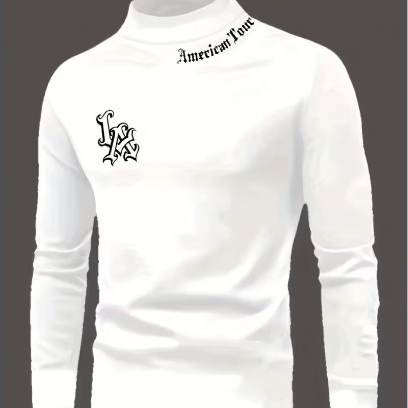 TEMU Men's Slim-fit High-neck Long-sleeve T-shirt - Geometric Pattern Stretch Casual Top For Teens, Warm For Autumn, White With Black Lettering,
