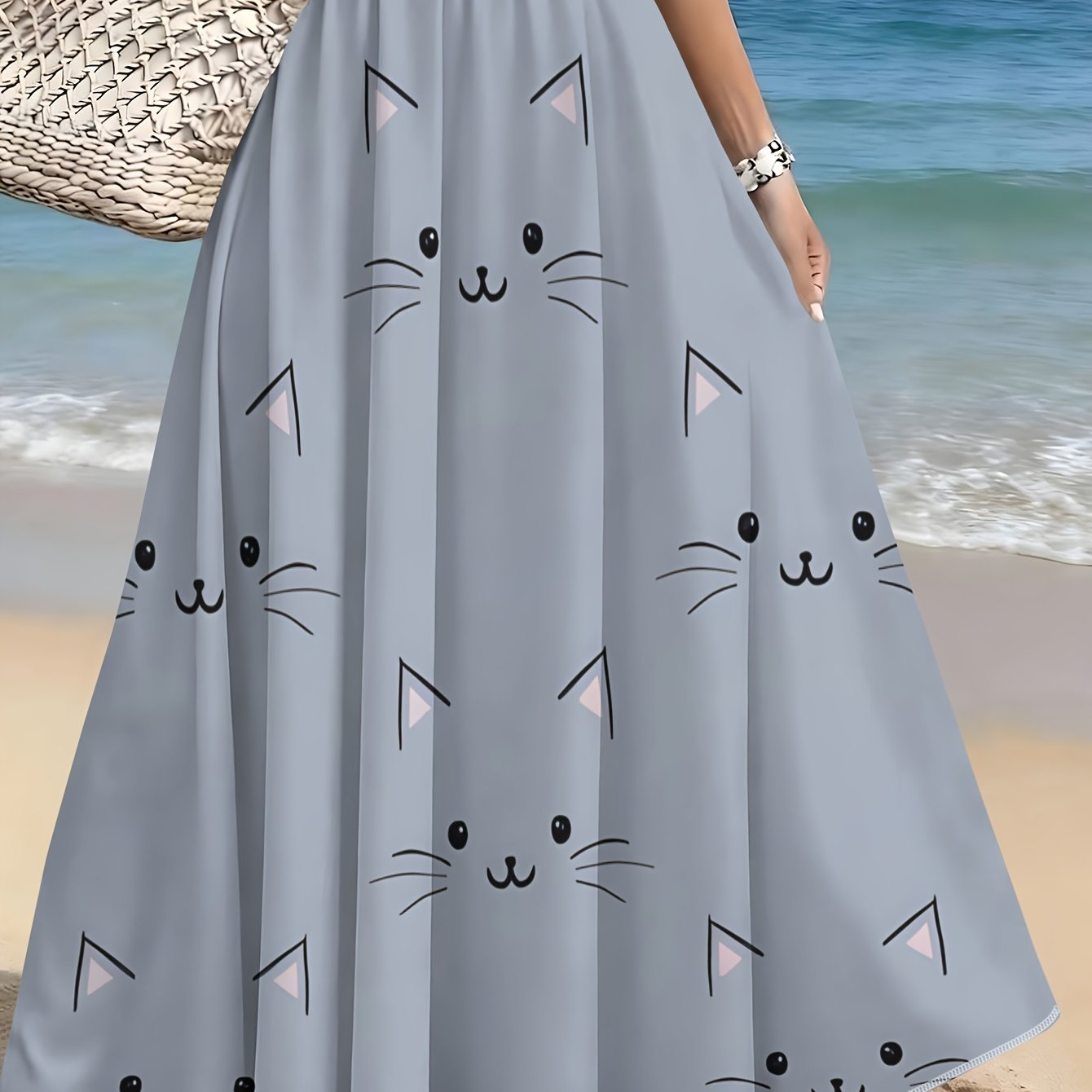 TEMU Cartoon Cat Face Pattern Repeatedly On Light Gray Background, Printed Design Women's Casual Fashion Mid-length Skirt