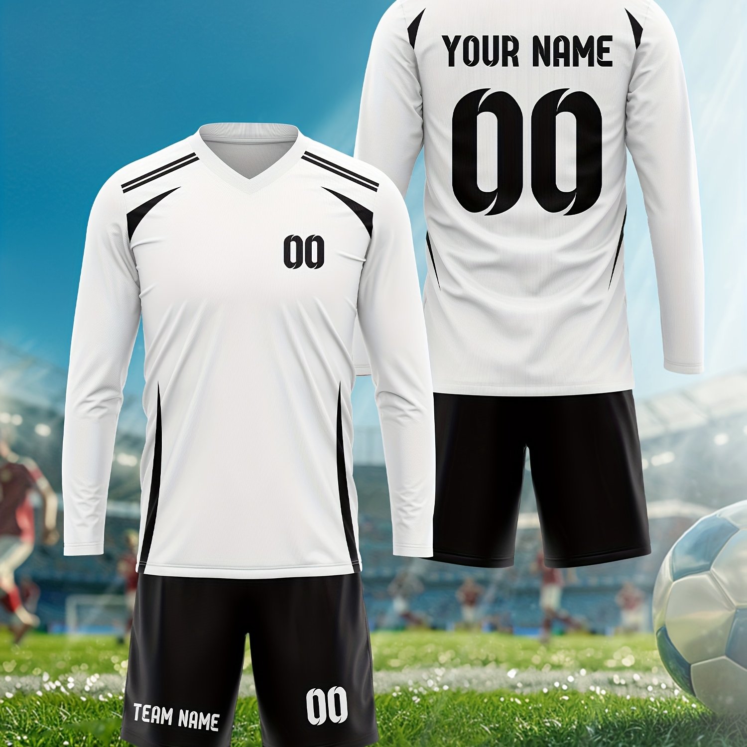 TEMU Ensemble de football avec col en V, manches longues et short, uniforme personnalisé avec nom et numéro, maillot adulte, nouveau uniforme de pour