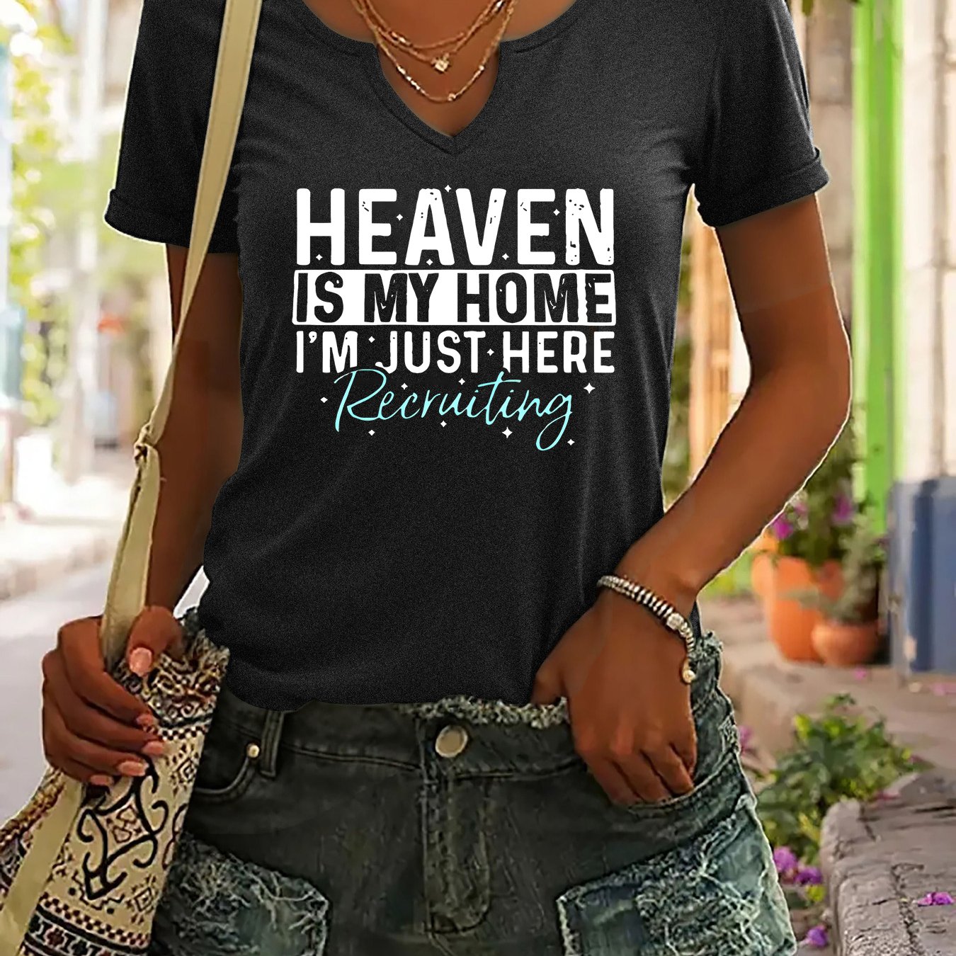 TEMU Women's Summer V-neck Short-sleeve Tee, With Heaven Is I'm Just Here Recruiting Text, Faith-based Design, Comfortable Soft Fabric, Breathable,