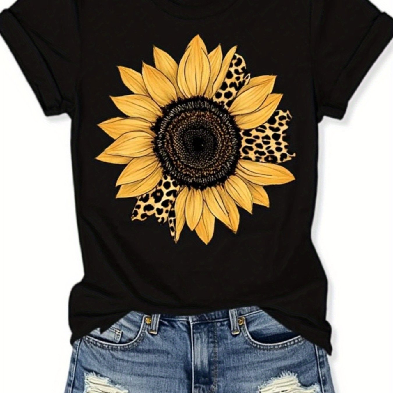 TEMU 2026 Sunflower Leopard Print Women's Summer Black Crew Neck Short Sleeve T-shirt, Breathable Casual Short Sleeve T-shirt Sunflower Leopard Print