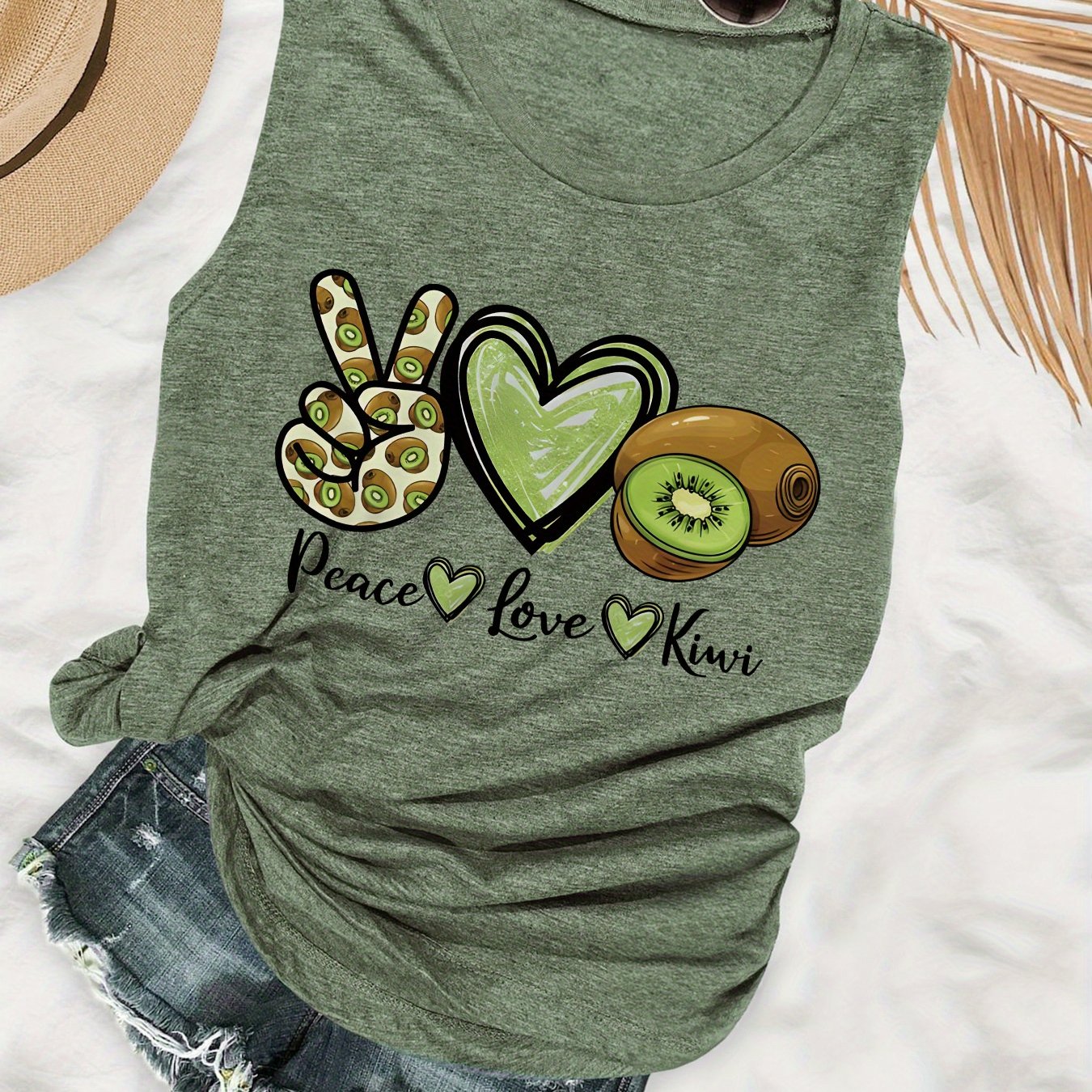 TEMU Love & Kiwi Print Tank Top, Sleeveless Casual Top For Summer & Spring, Women's Clothing