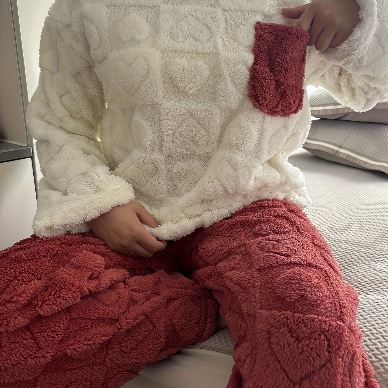 TEMU Pyjama de détente pour femme, couleur unie, jacquard cœur, couleur unie, haut avec poche, rafraîchissant et confortable, 100 % fibre de ,