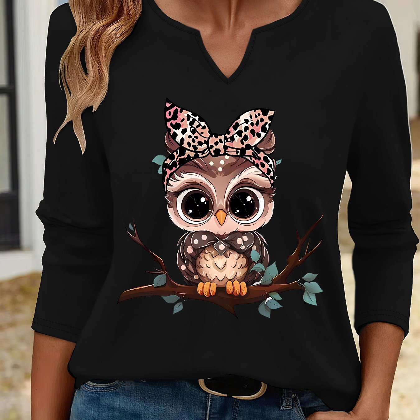 TEMU Spring And Autumn Casual Long-sleeve T-shirt For Women, Featuring A Cartoon Owl Print And A V-neck Design, Perfect For Comfortable And Versatile
