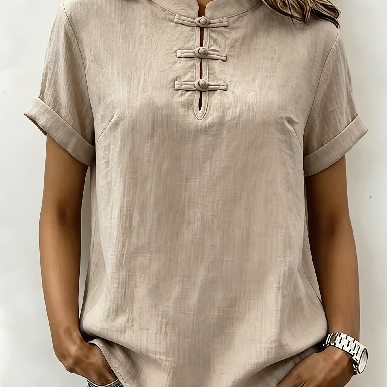 TEMU Vintage Chinese-style Collar Blouse With Front , Front Slit, And Rolled Sleeves, A Lightweight Women's Casual Top Shirt