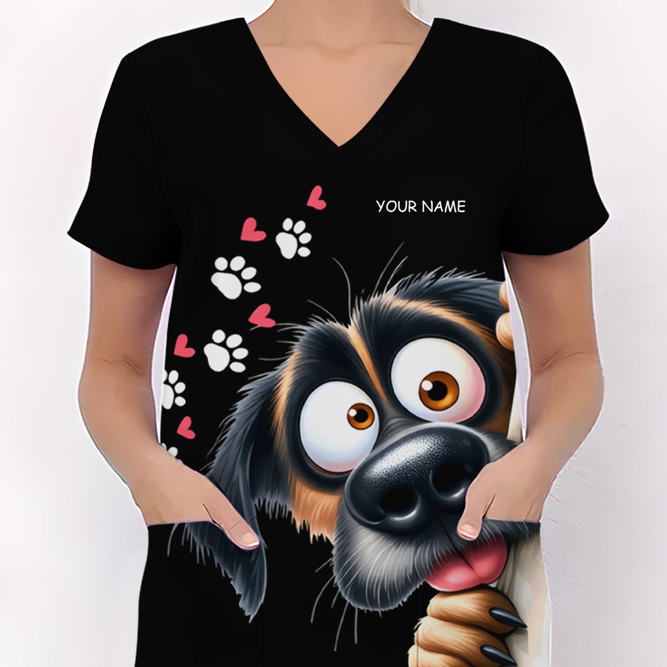 TEMU Women's Custom Uniform With Dog Print, V-neck Short Sleeve Lovely Style Nurse Work T-shirt