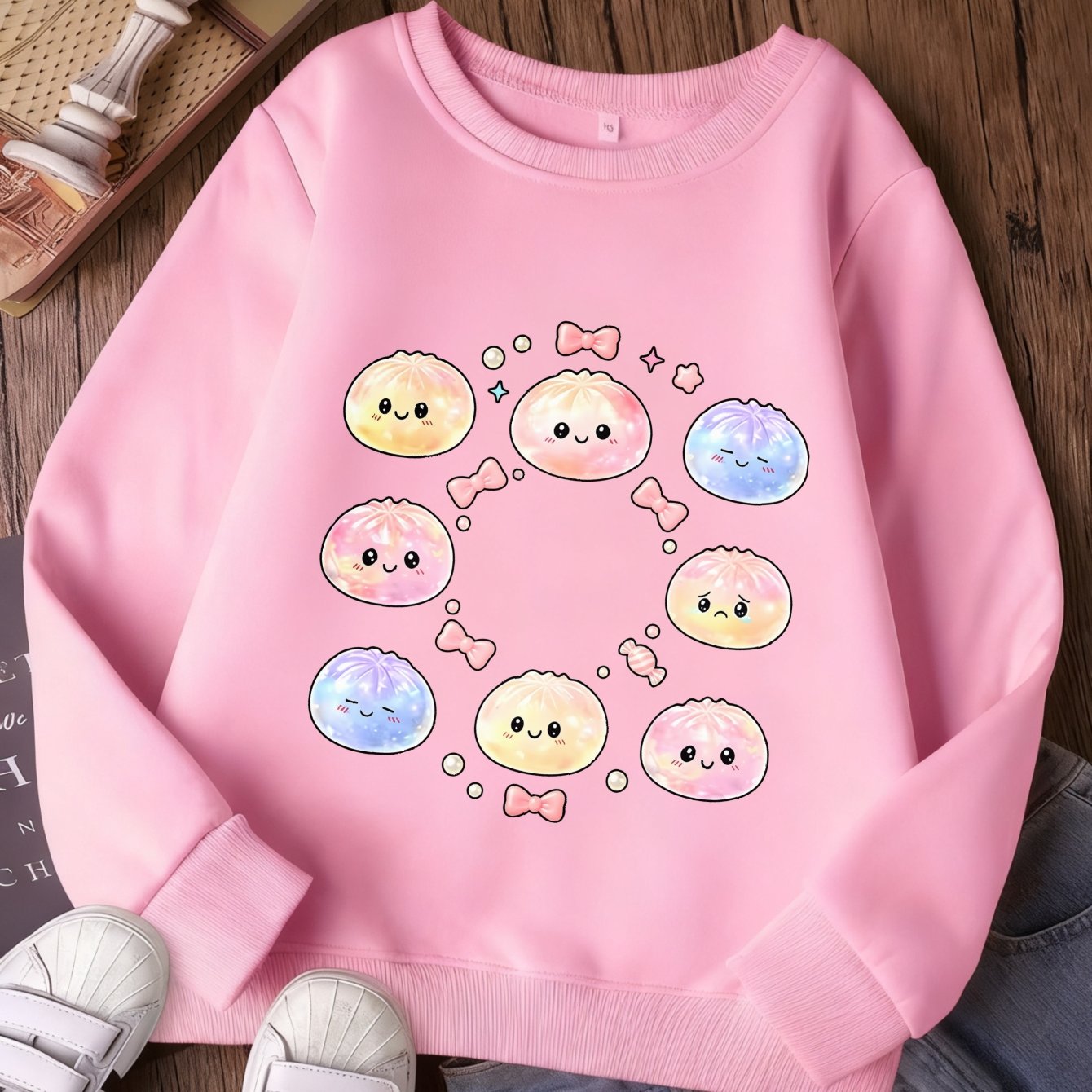 Image of Round Neck Sweatshirt Cute Cartoon Bun Pattern Trendy Print Sweatshirt Soft Comfortable Neck Sweatshirt Pure Cotton Terry Thickened Round Neck Sweatshirt Autumn Winter Daily Wear School Play Gift For