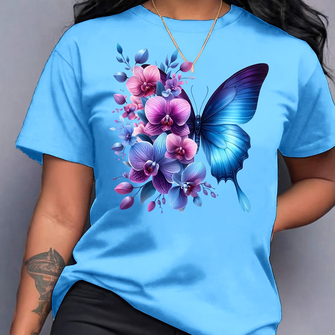 TEMU T-shirt à Manches Courtes Col Rond avec Imprimé Papillon, Printemps et Été, Haut Décontracté pour Femme, Vêtements Printemps & Été